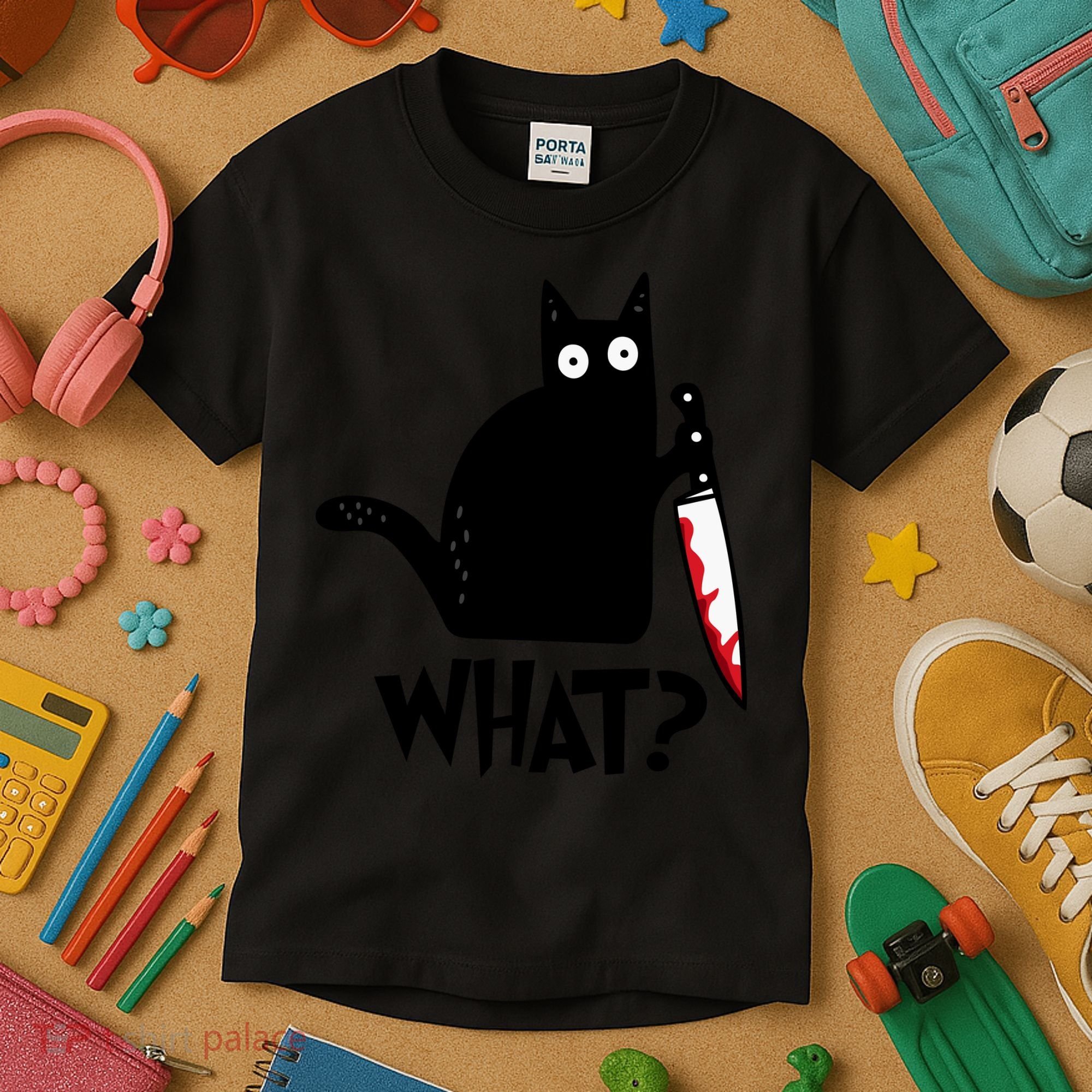 Halloween Cat What Funny Murderous Black Cat With Knife Kids T-Shirt