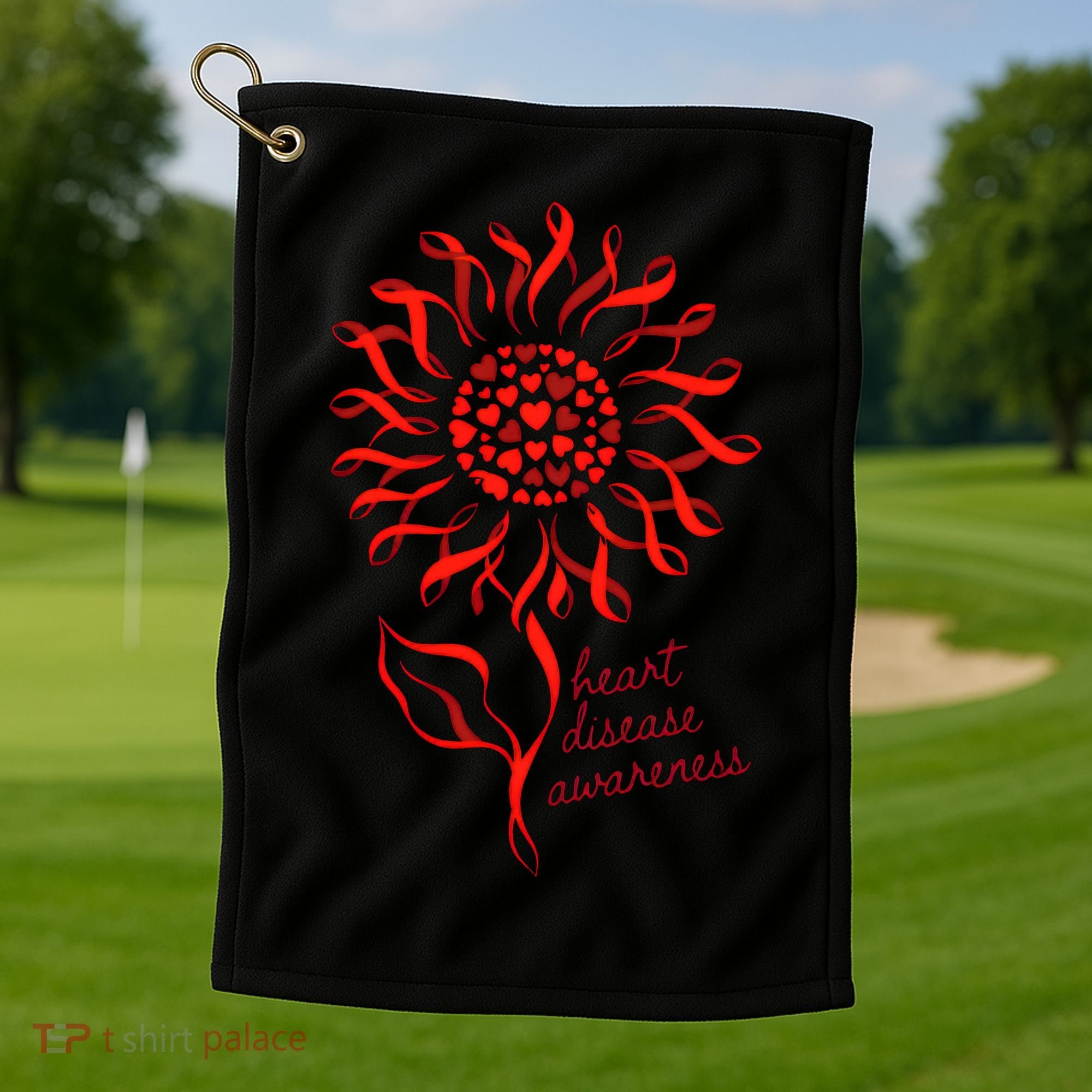 Heart Disease Awareness Red Ribbon Flower Golf Towel