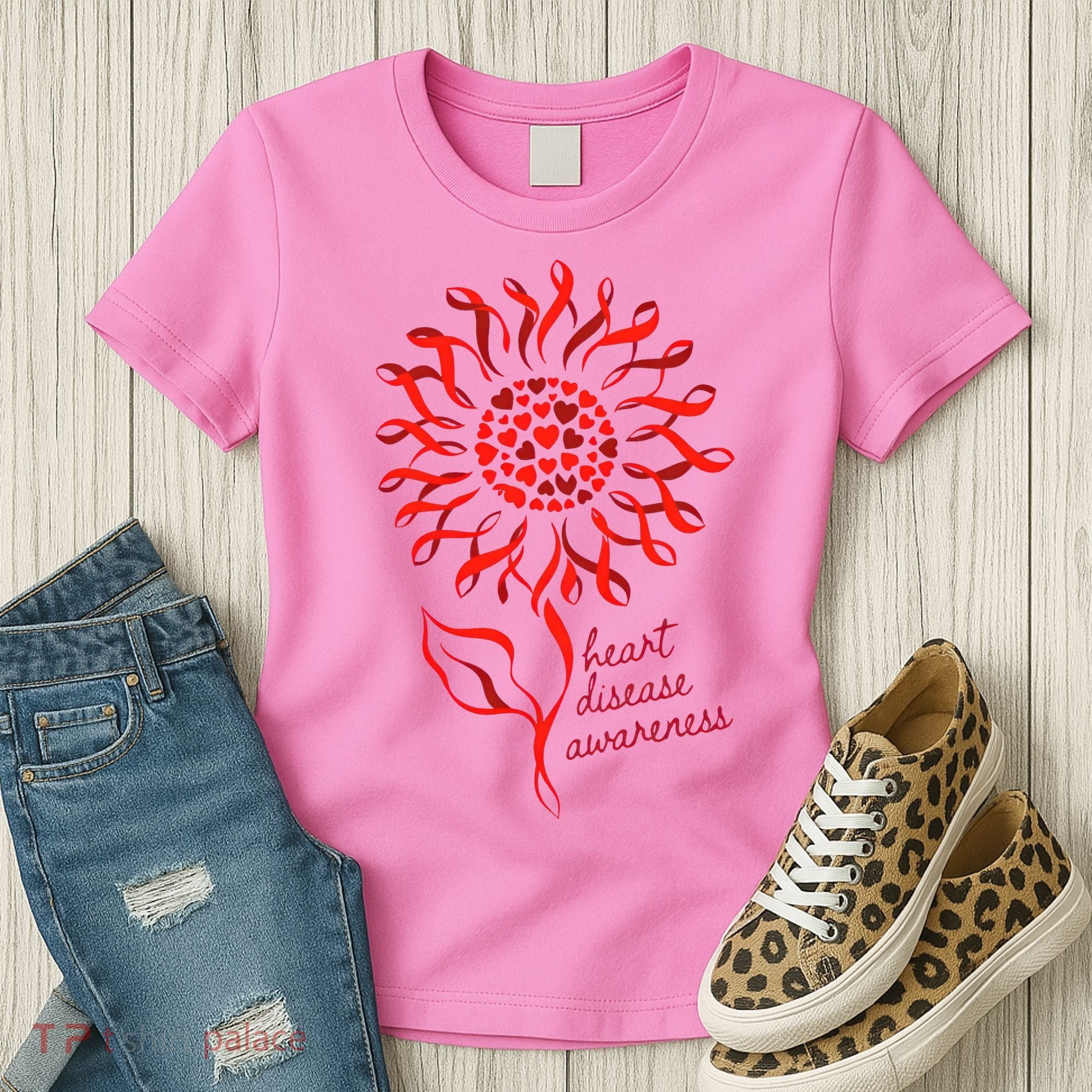 Heart Disease Awareness Red Ribbon Flower Women's T-Shirt