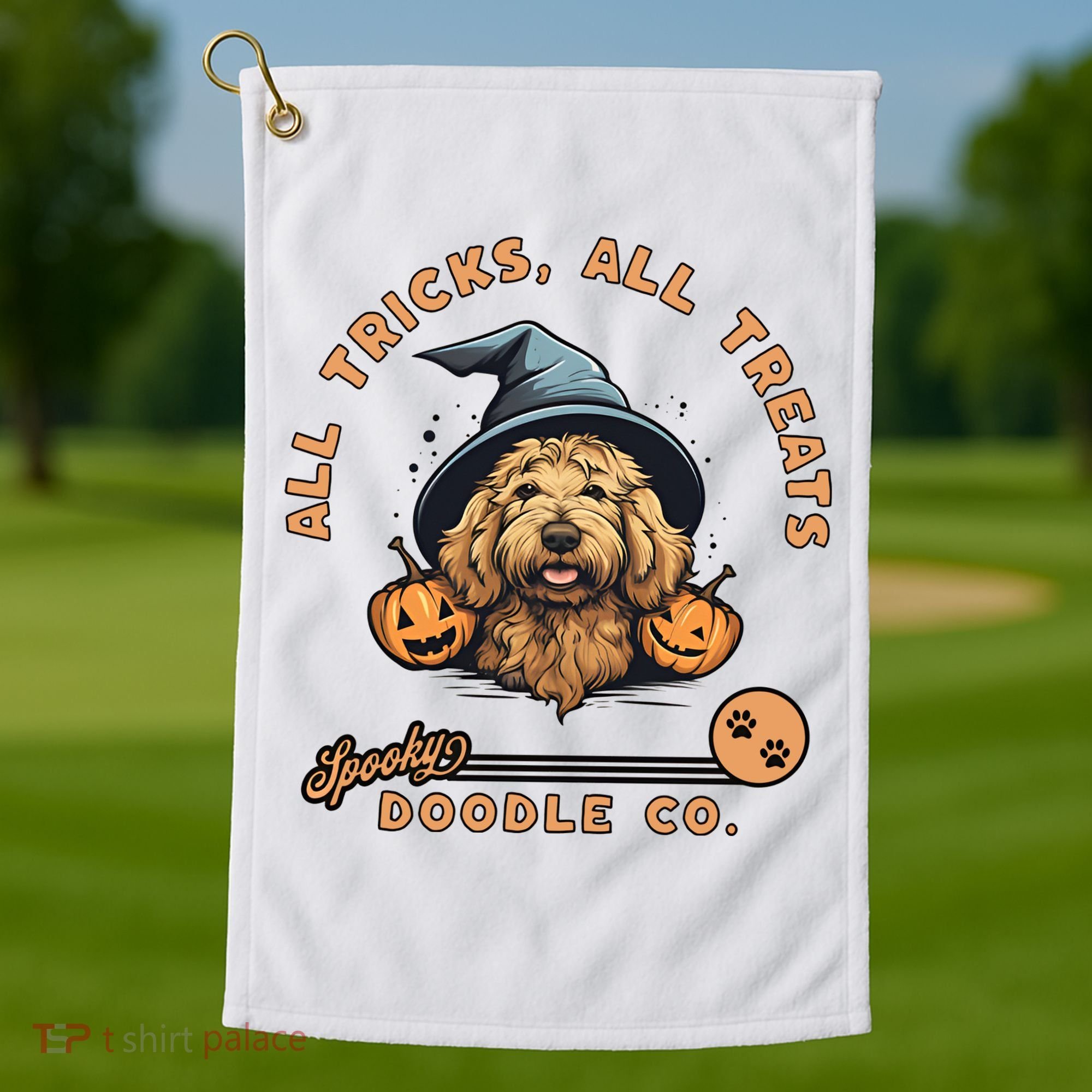 Halloween Dog All Tricks All Treats Spooky Doodle Co Golf Towel