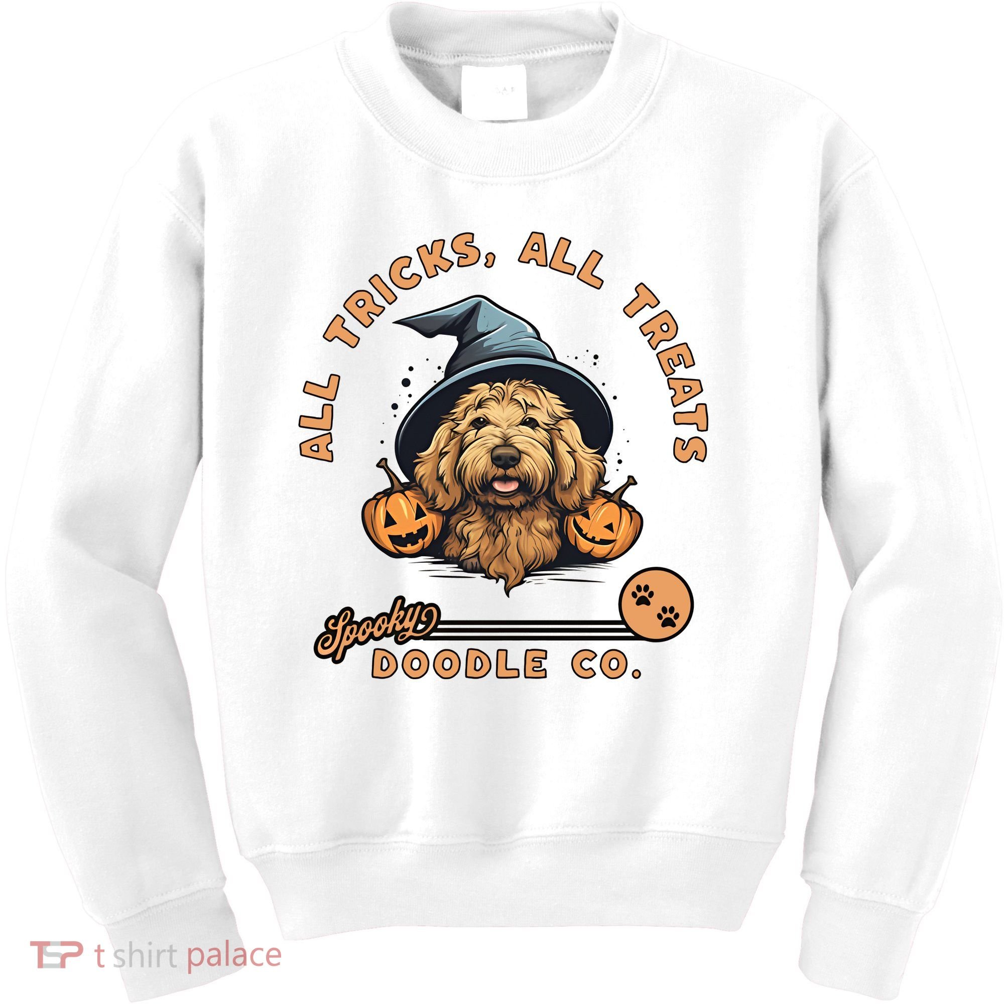 Halloween Dog All Tricks All Treats Spooky Doodle Co Kids Sweatshirt