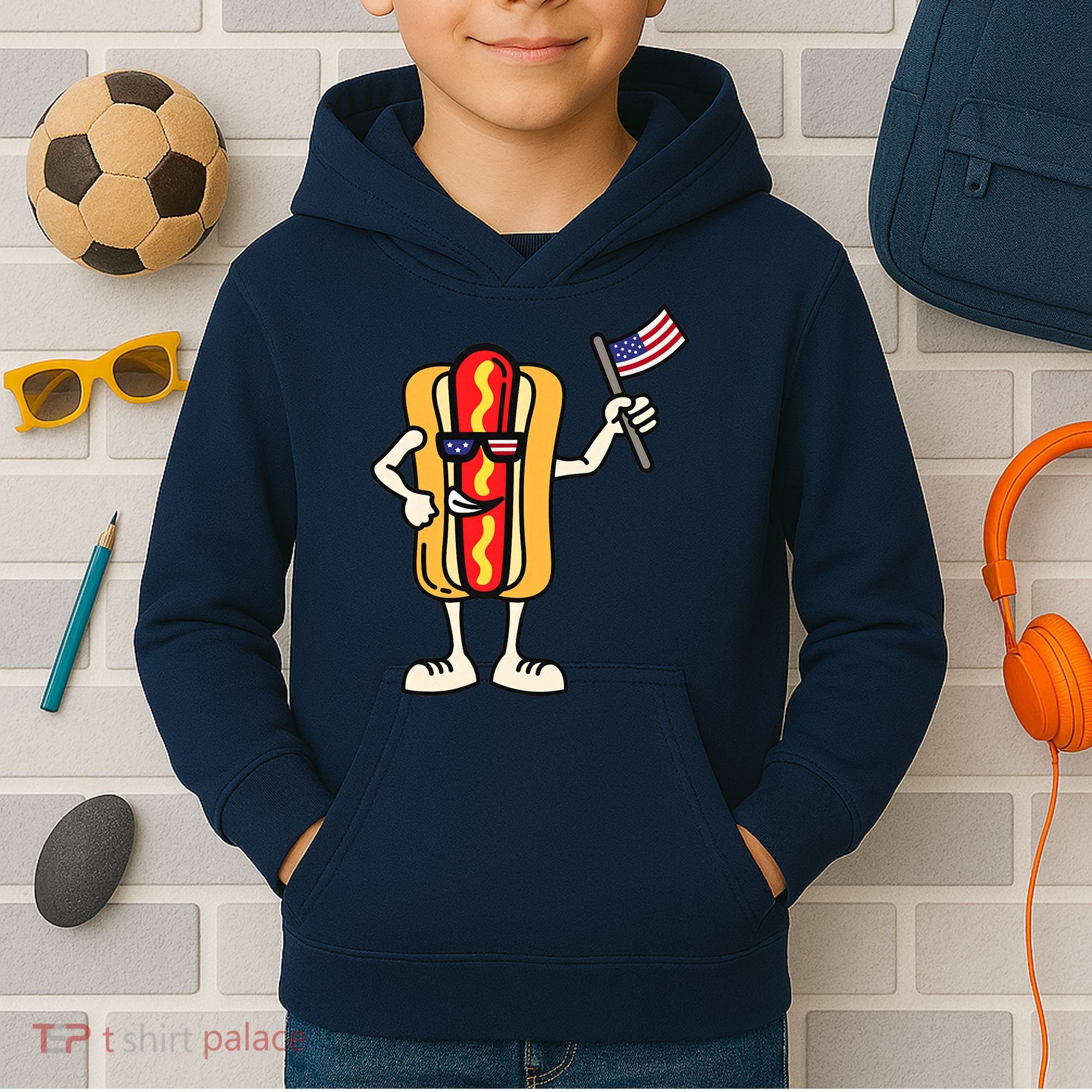 Hot Dog American Flag July 4th Patriotic Kids Hoodie