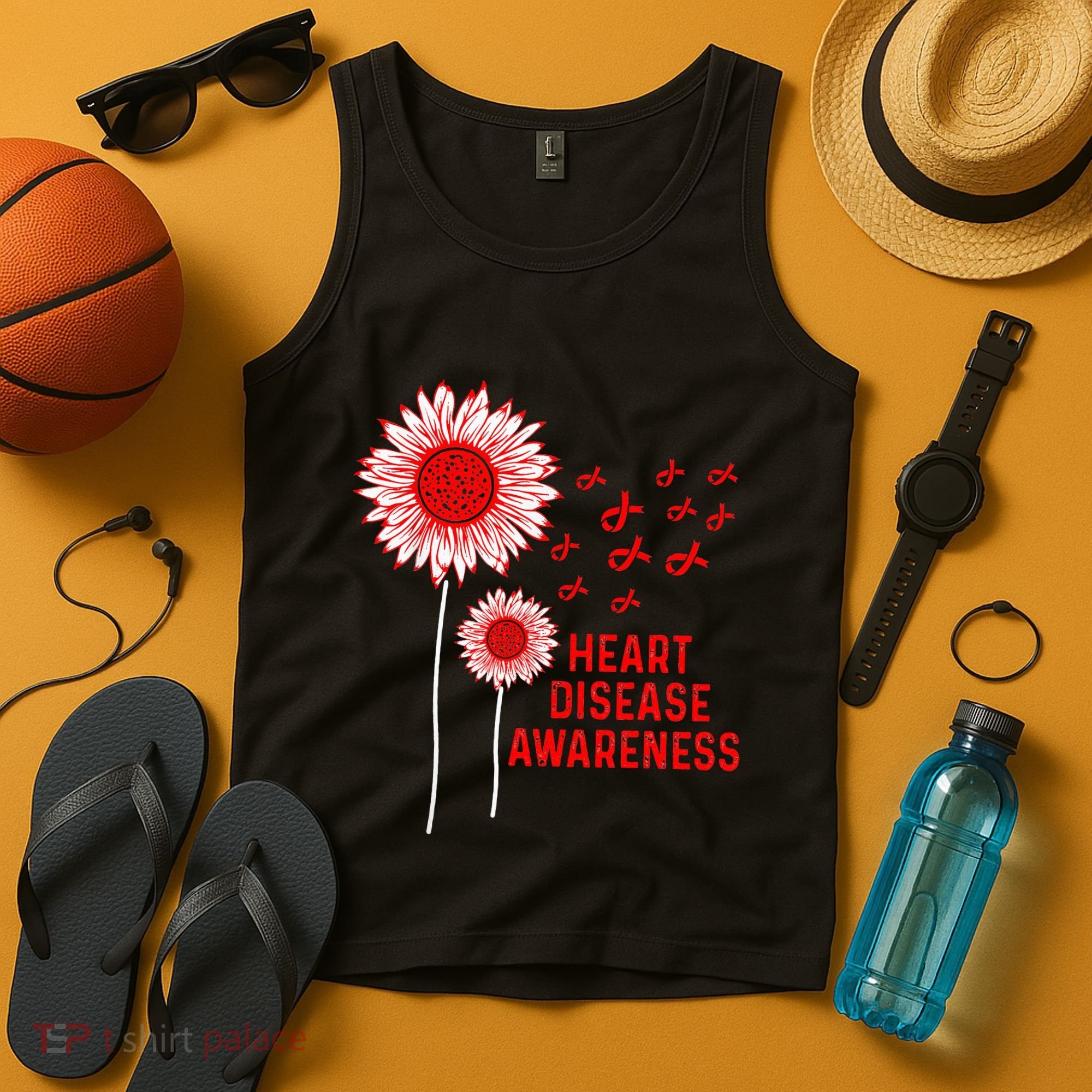 Heart Disease Awareness Sunflower Red Ribbon Tank Top