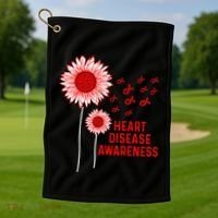Heart Disease Awareness Sunflower Red Ribbon Golf Towel thumb 1
