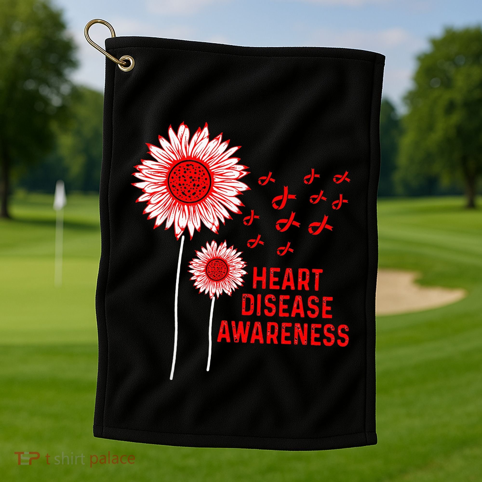 Heart Disease Awareness Sunflower Red Ribbon Golf Towel
