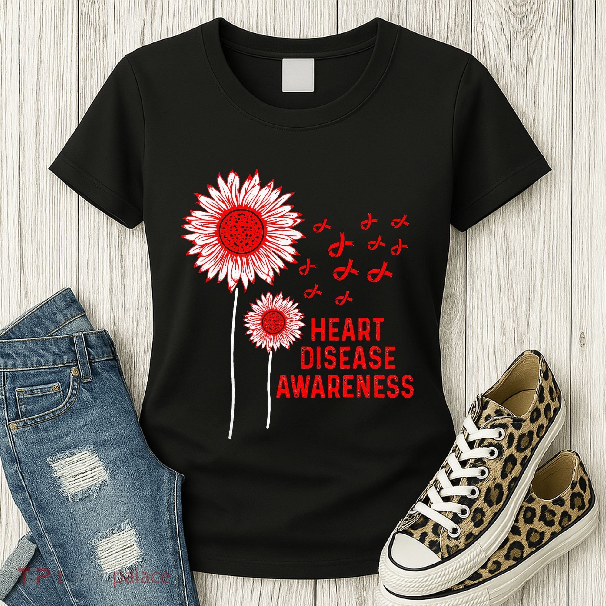 Heart Disease Awareness Sunflower Red Ribbon Women's T-Shirt
