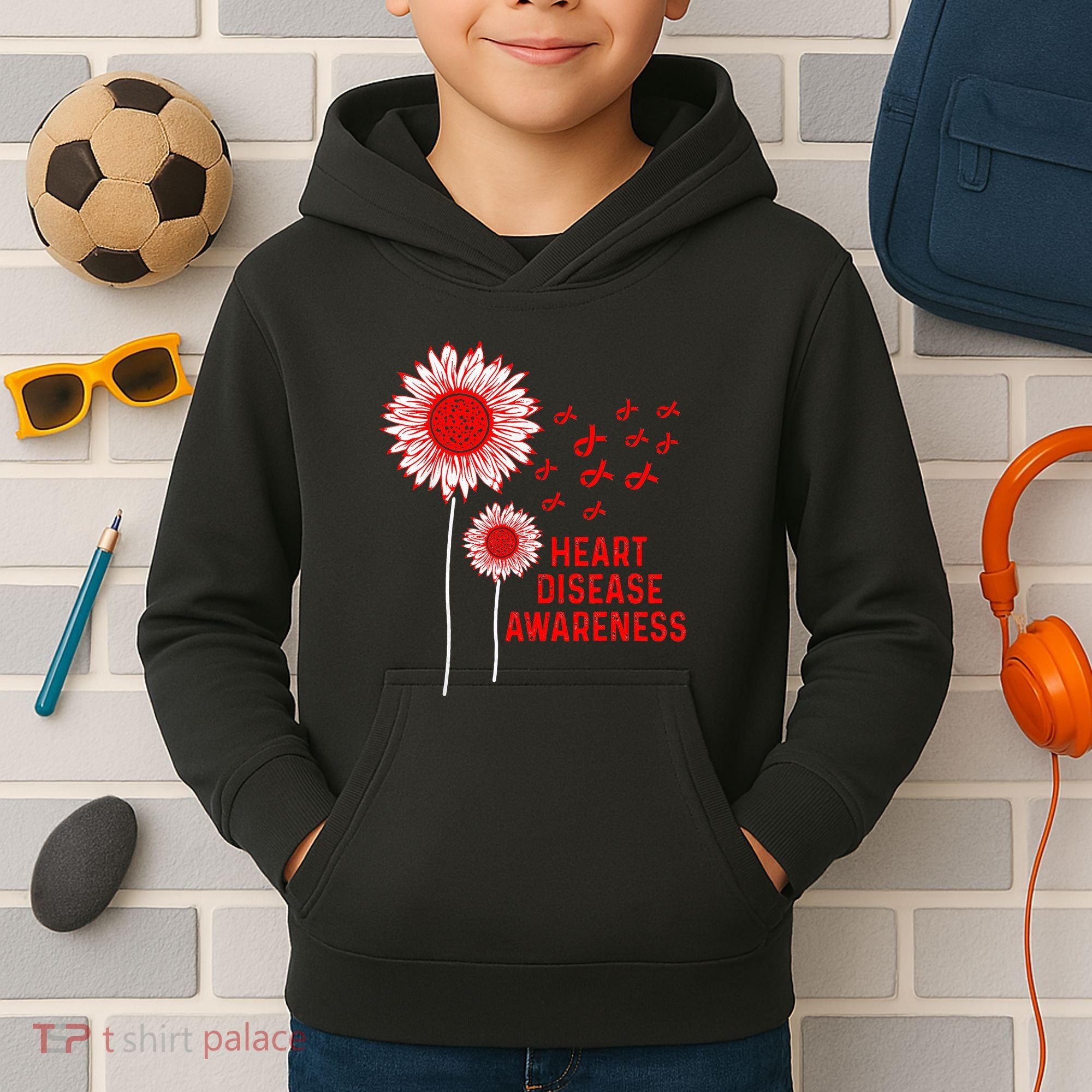 Heart Disease Awareness Sunflower Red Ribbon Kids Hoodie
