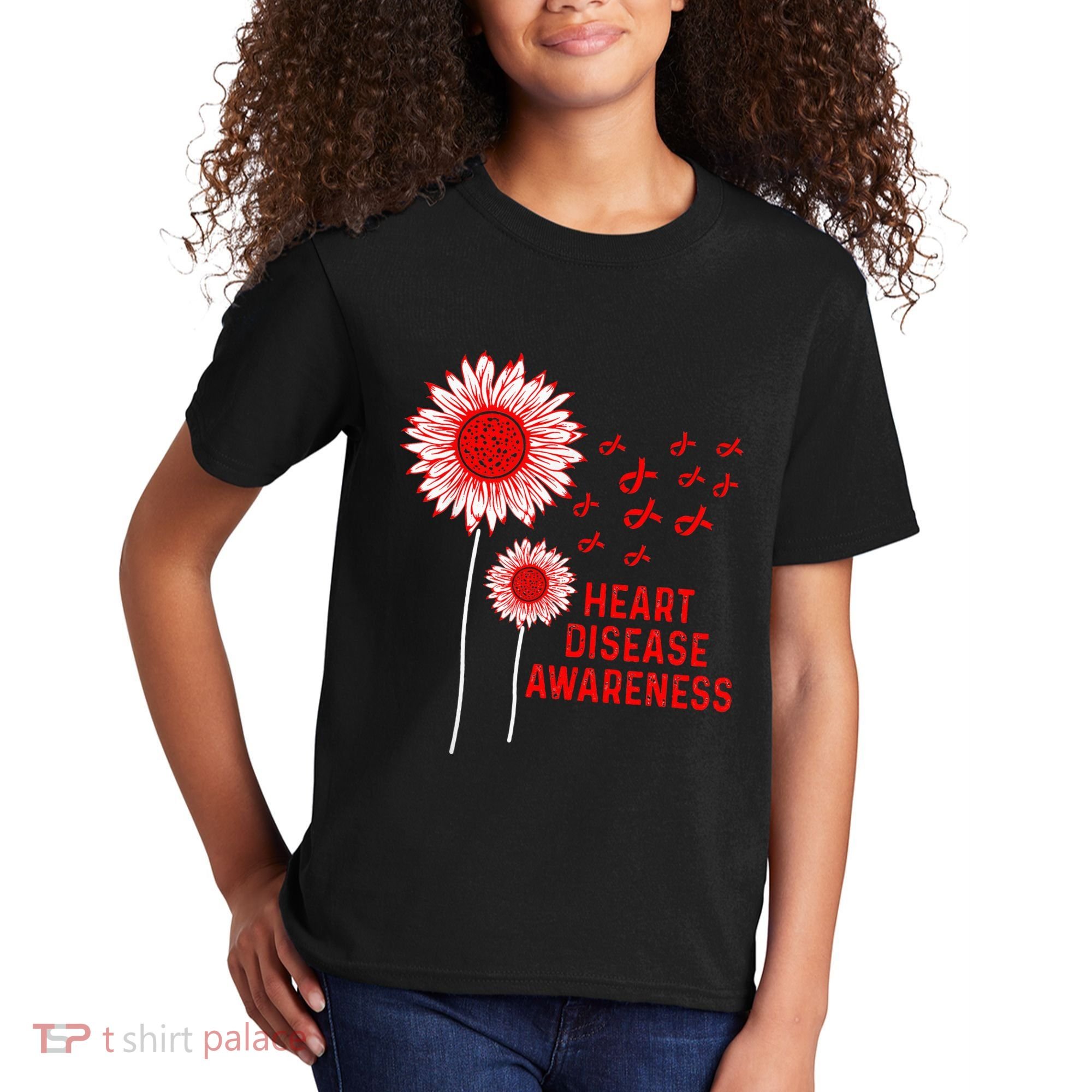 Heart Disease Awareness Sunflower Red Ribbon Kids T-Shirt