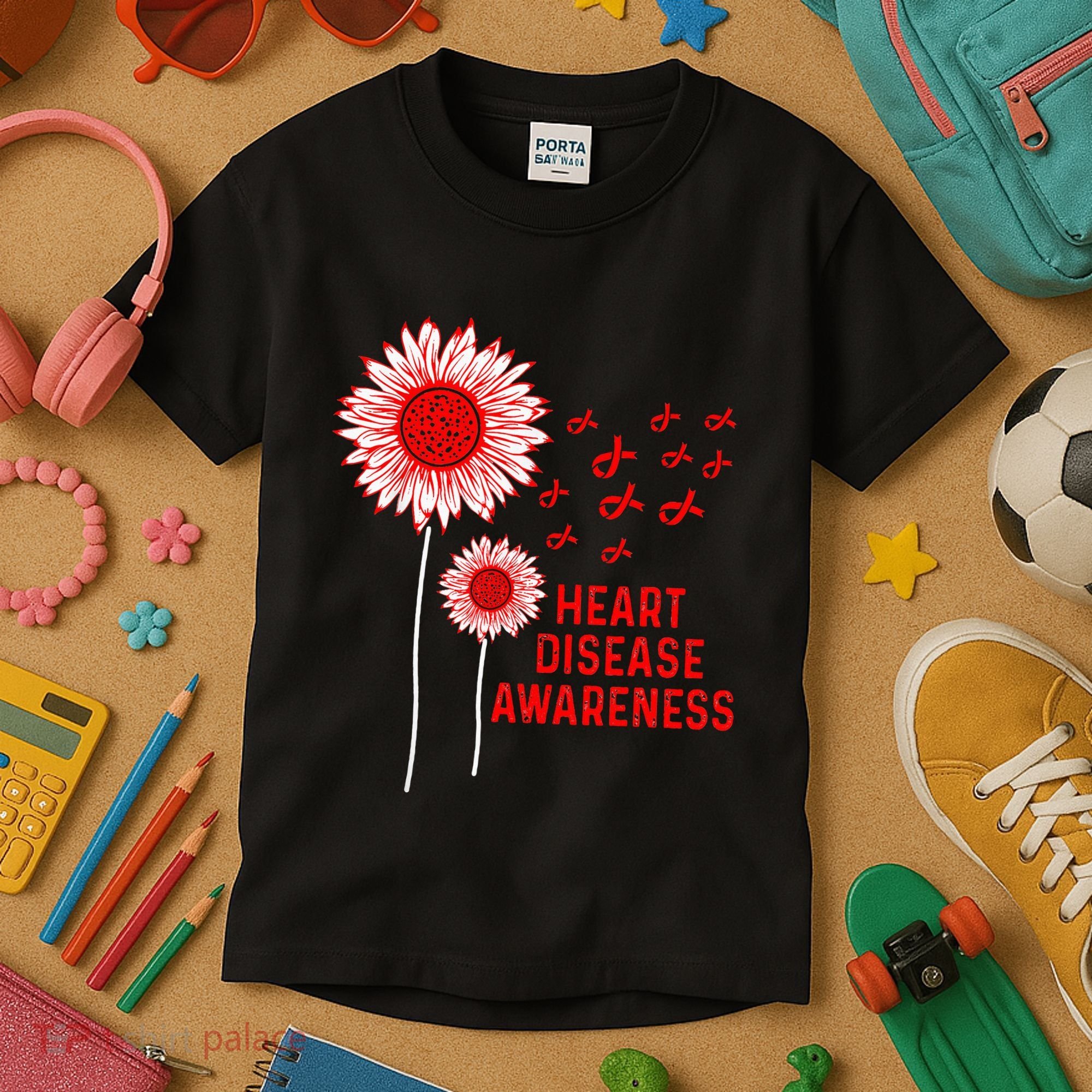 Heart Disease Awareness Sunflower Red Ribbon Kids T-Shirt