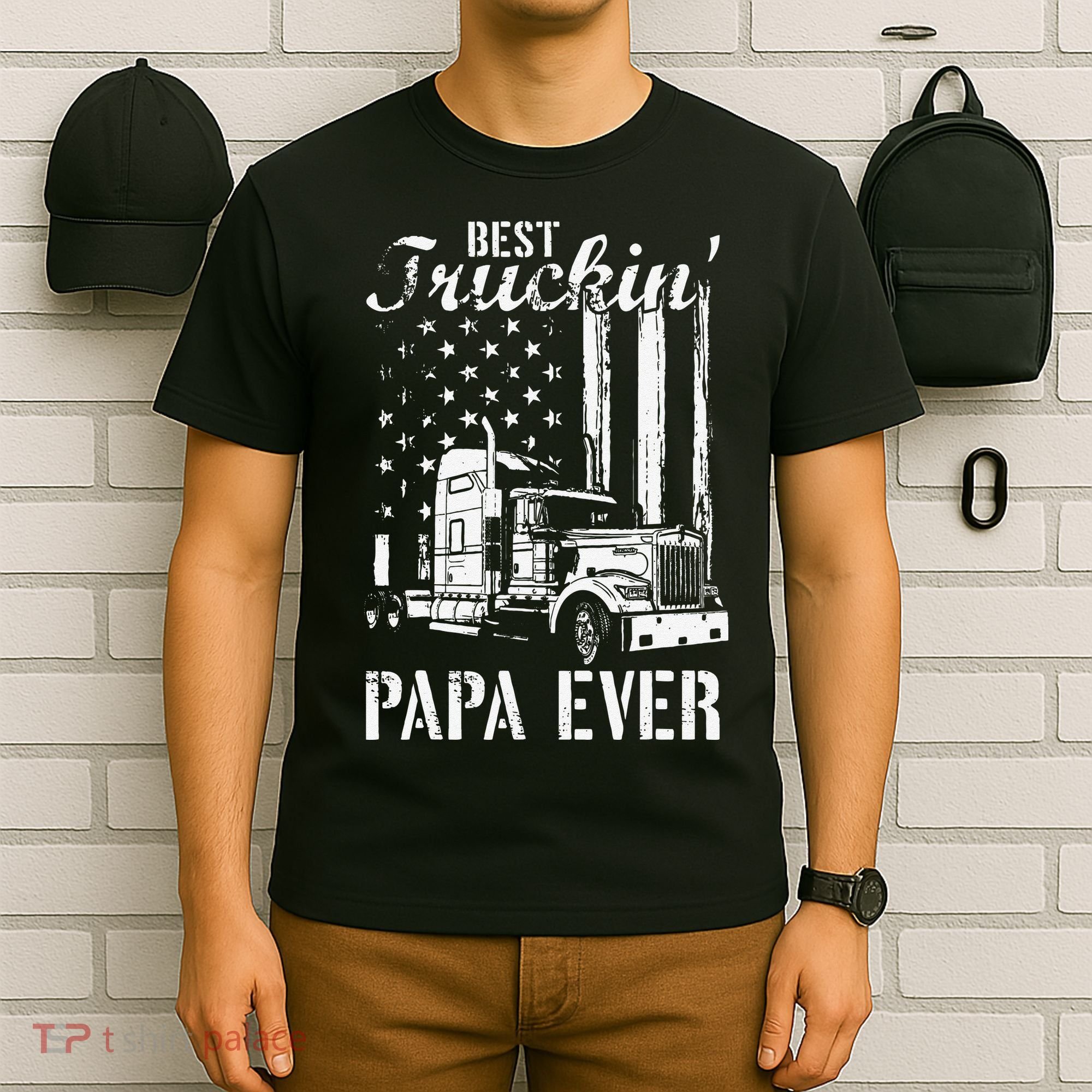 hug day Best Trucking Papa Ever Truck Driver American Flag T-Shirt