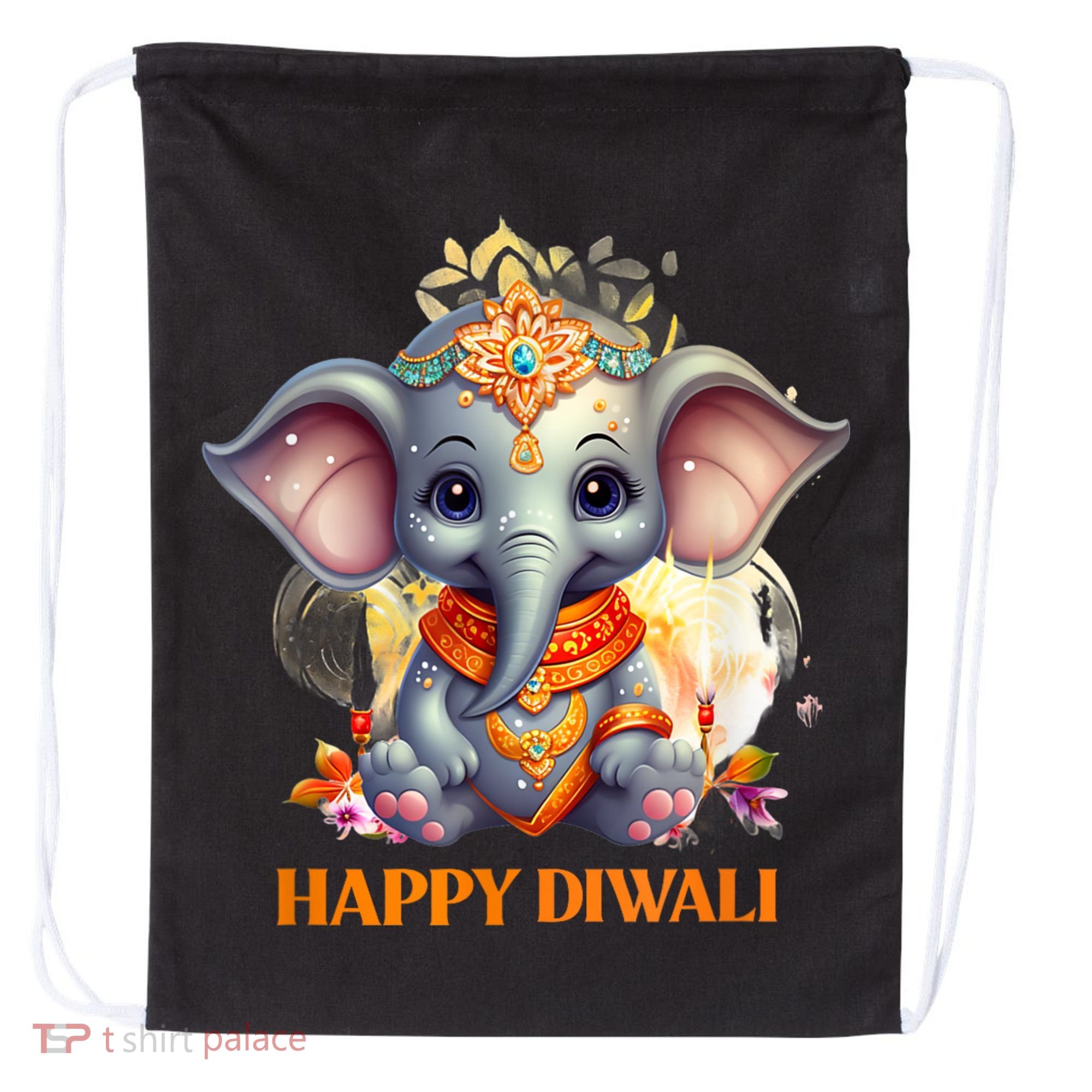 Happy Diwali Cute Elephant Drawstring Bag