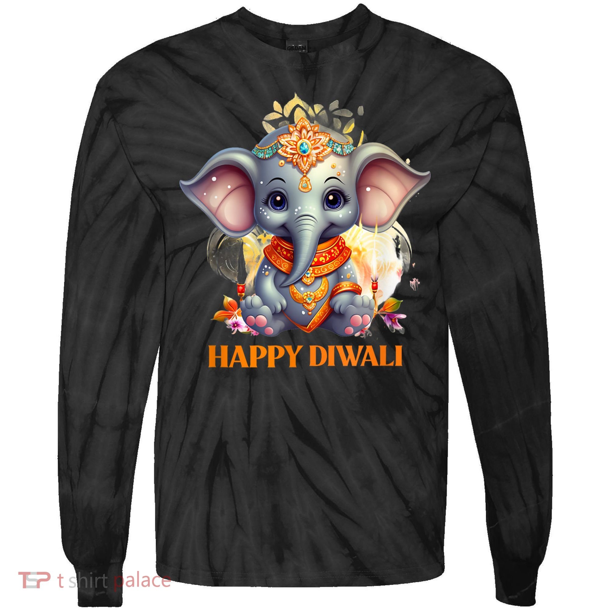 Happy Diwali Cute Elephant Tie-Dye Long Sleeve Shirt