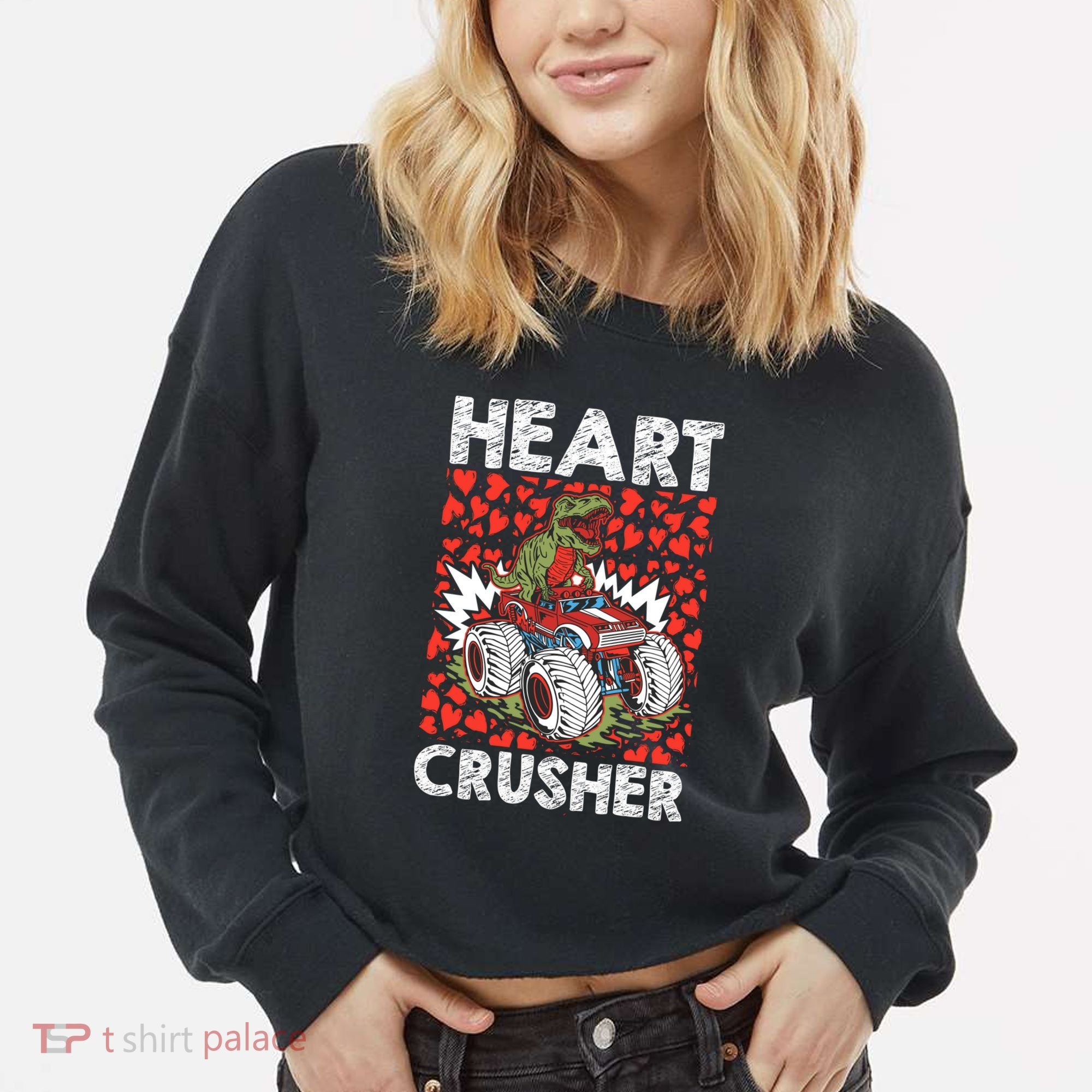 Heart Dinosaur Crusher Valentines Day Tgiftrex Riding Car Gift Cropped Pullover Crew