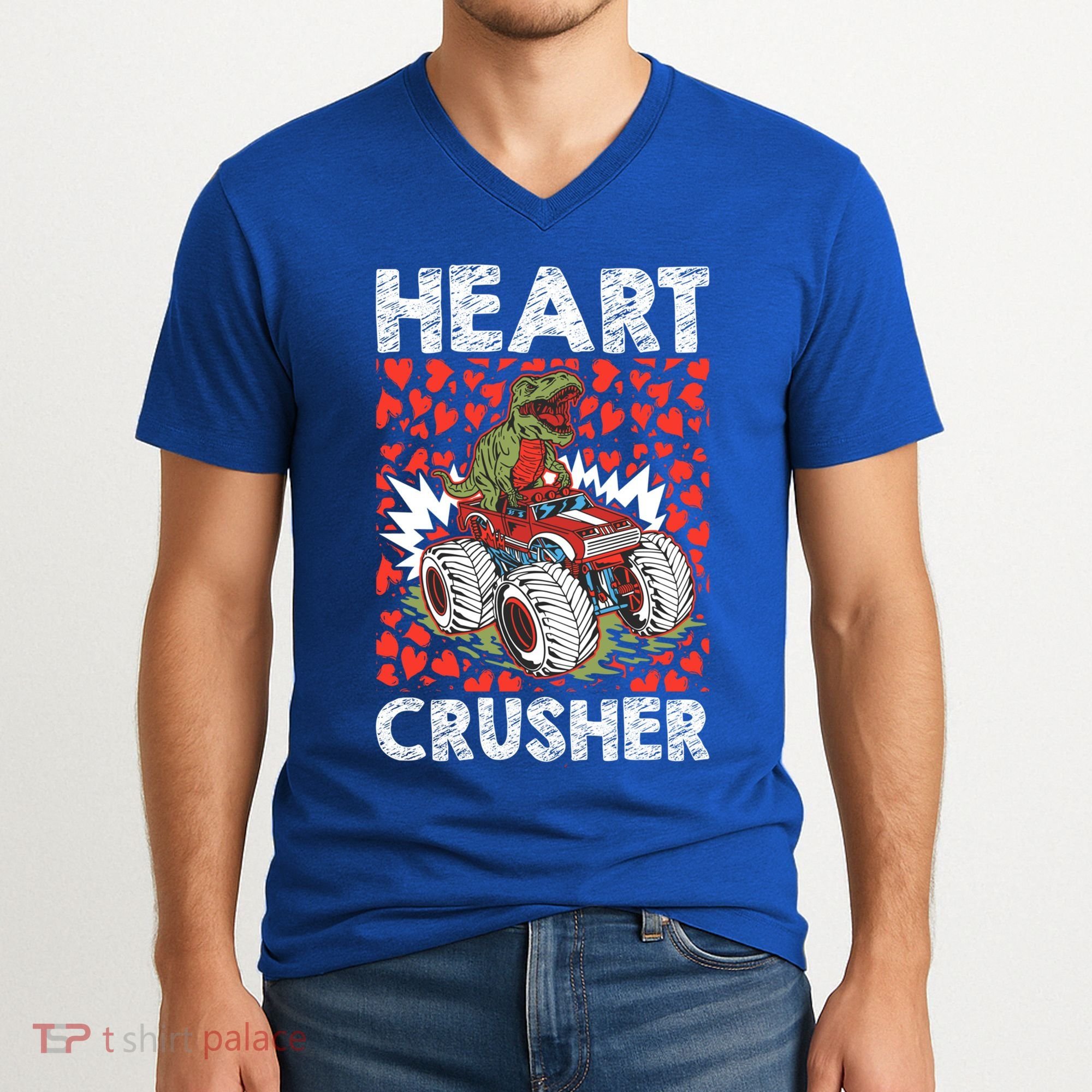 Heart Dinosaur Crusher Valentines Day Tgiftrex Riding Car Gift V-Neck T-Shirt
