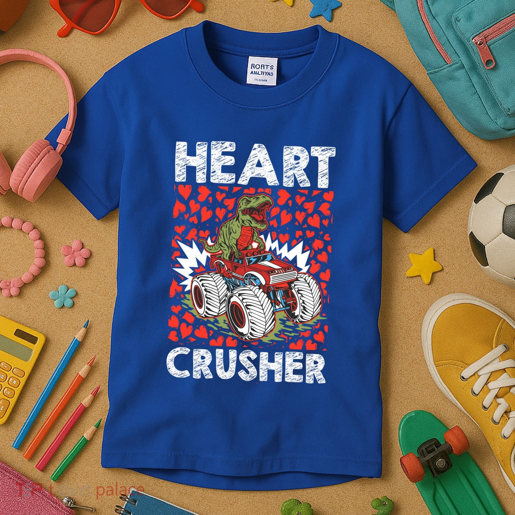 Heart Dinosaur Crusher Valentines Day Tgiftrex Riding Car Gift Kids T-Shirt