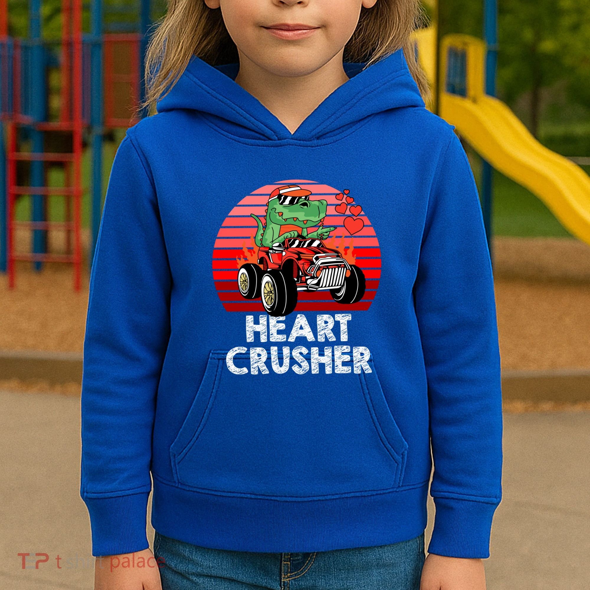 Heart Dinosaur Crusher Valentines Day Tmeaningful Giftrex Riding Car Gift Kids Hoodie