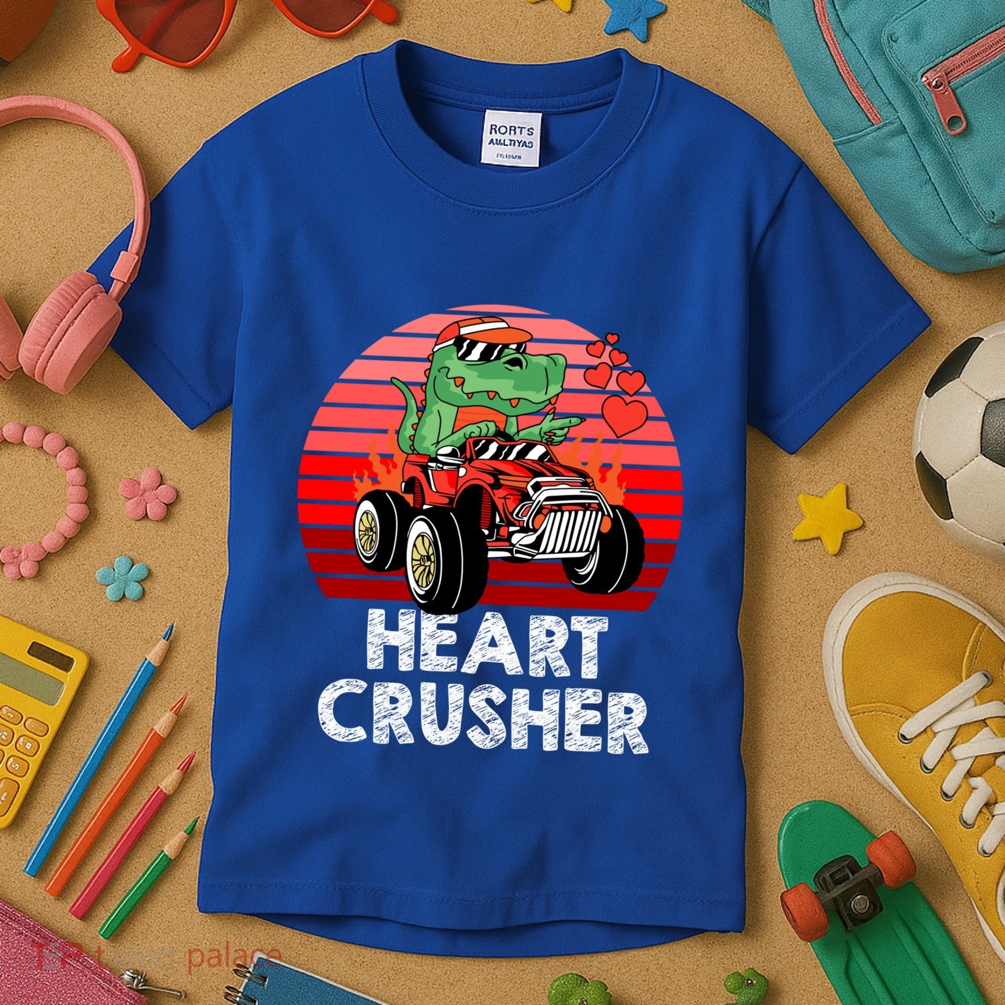 Heart Dinosaur Crusher Valentines Day Tmeaningful Giftrex Riding Car Gift Kids T-Shirt