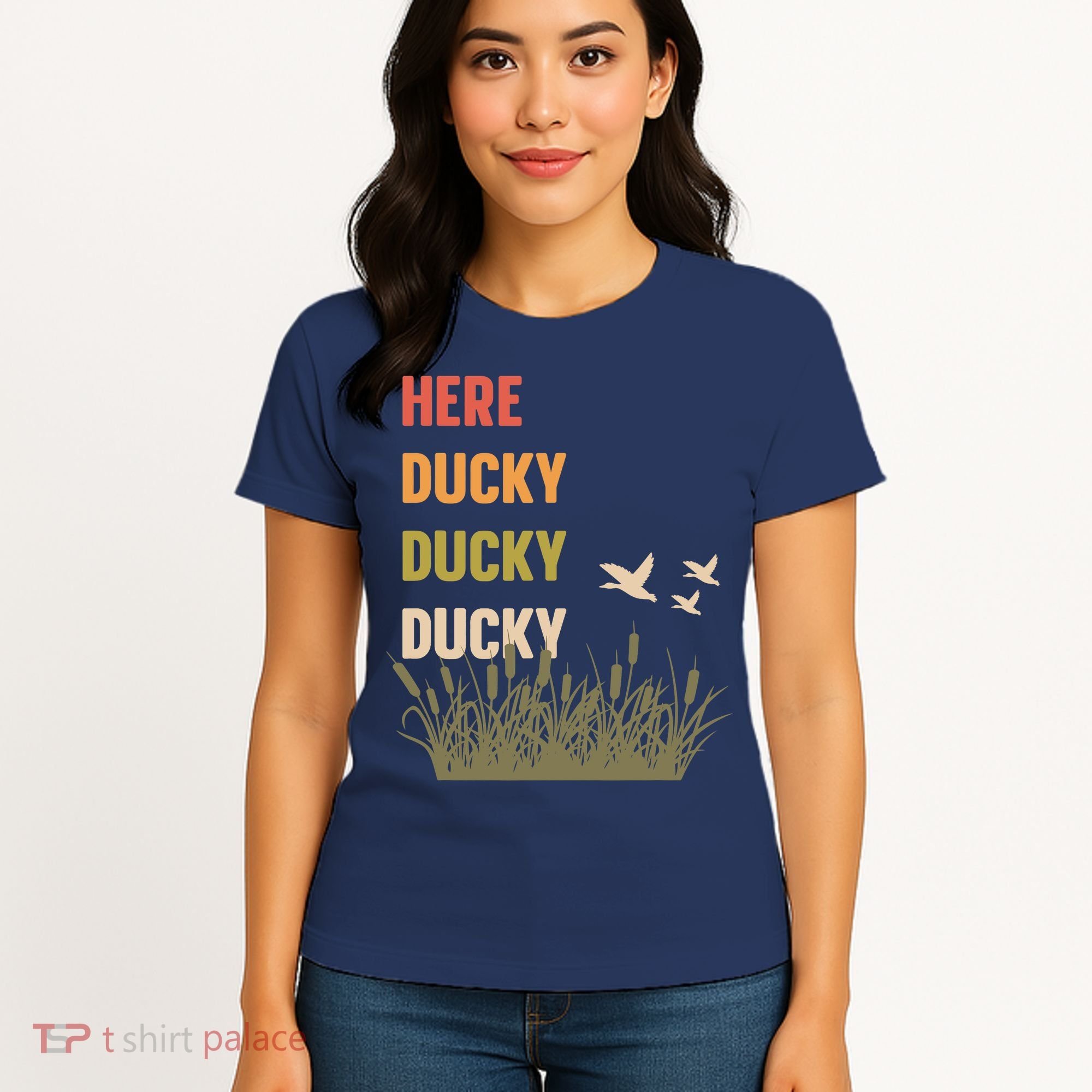 Here Ducky Ducky Ducky Funny Duck Call For Duck Hunters Women's T-Shirt