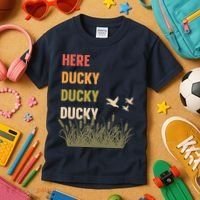 Here Ducky Ducky Ducky Funny Duck Call For Duck Hunters Kids T-Shirt thumb 3