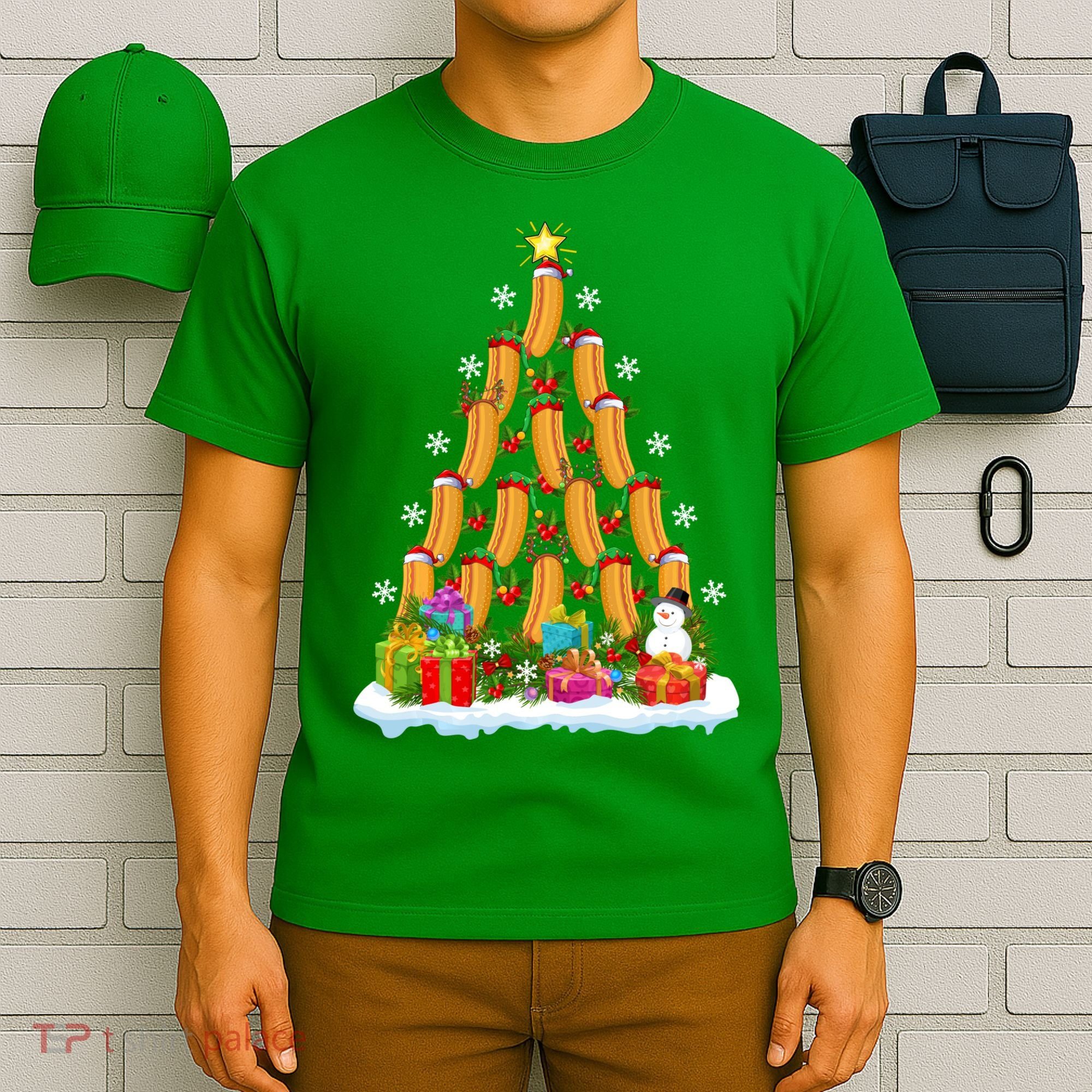 Hot Dog Food Lover Xmas Holiday Santa Hot Dog Christmas Tree T-Shirt
