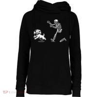 Halloween Dog Funny Skeleton Skeleton Chasing Dog Womens Funnel Neck Pullover Hood thumb 0