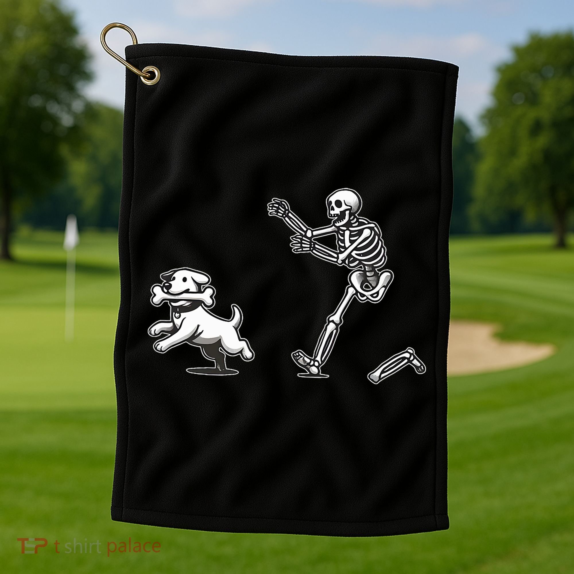 Halloween Dog Funny Skeleton Skeleton Chasing Dog Golf Towel