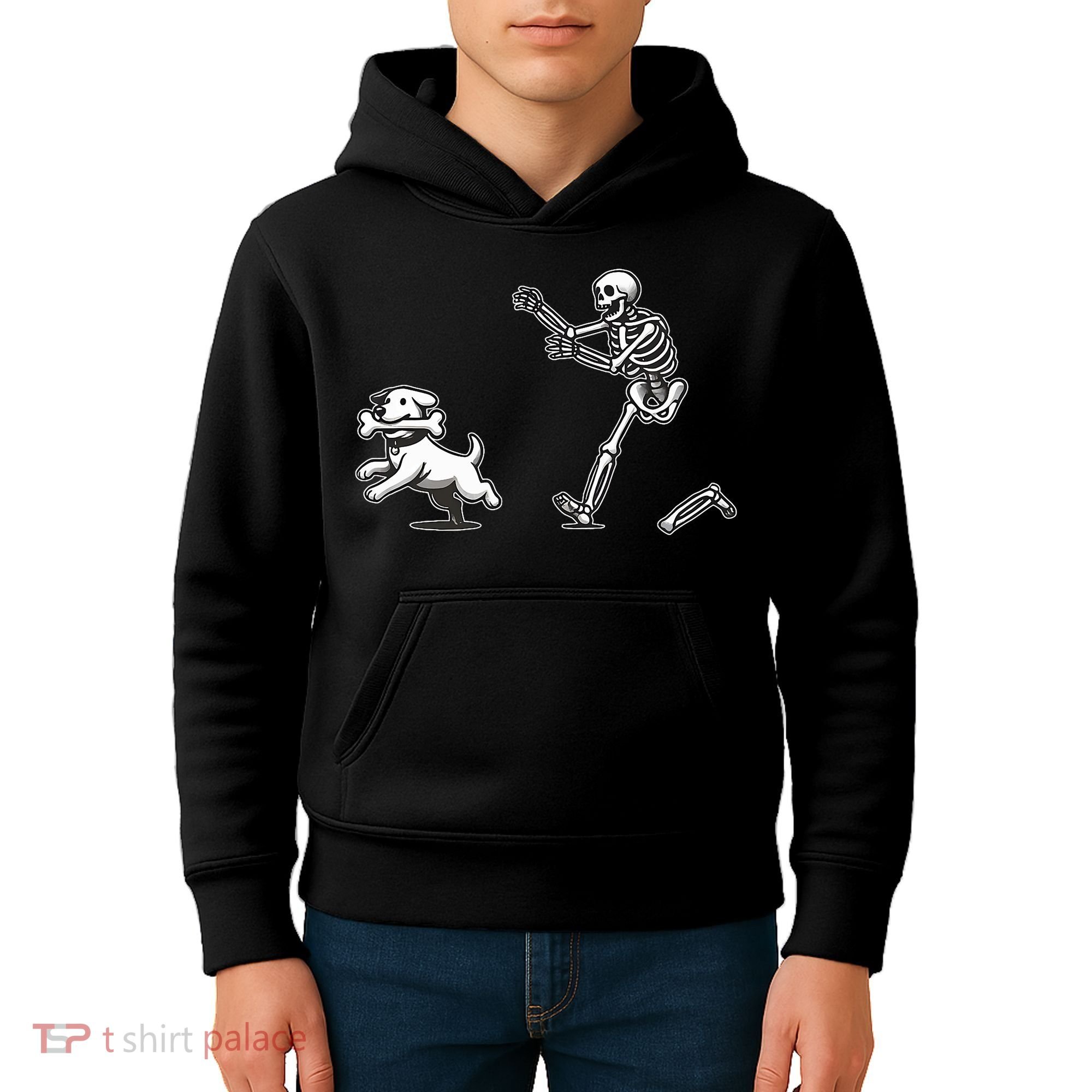 Halloween Dog Funny Skeleton Skeleton Chasing Dog Kids Hoodie