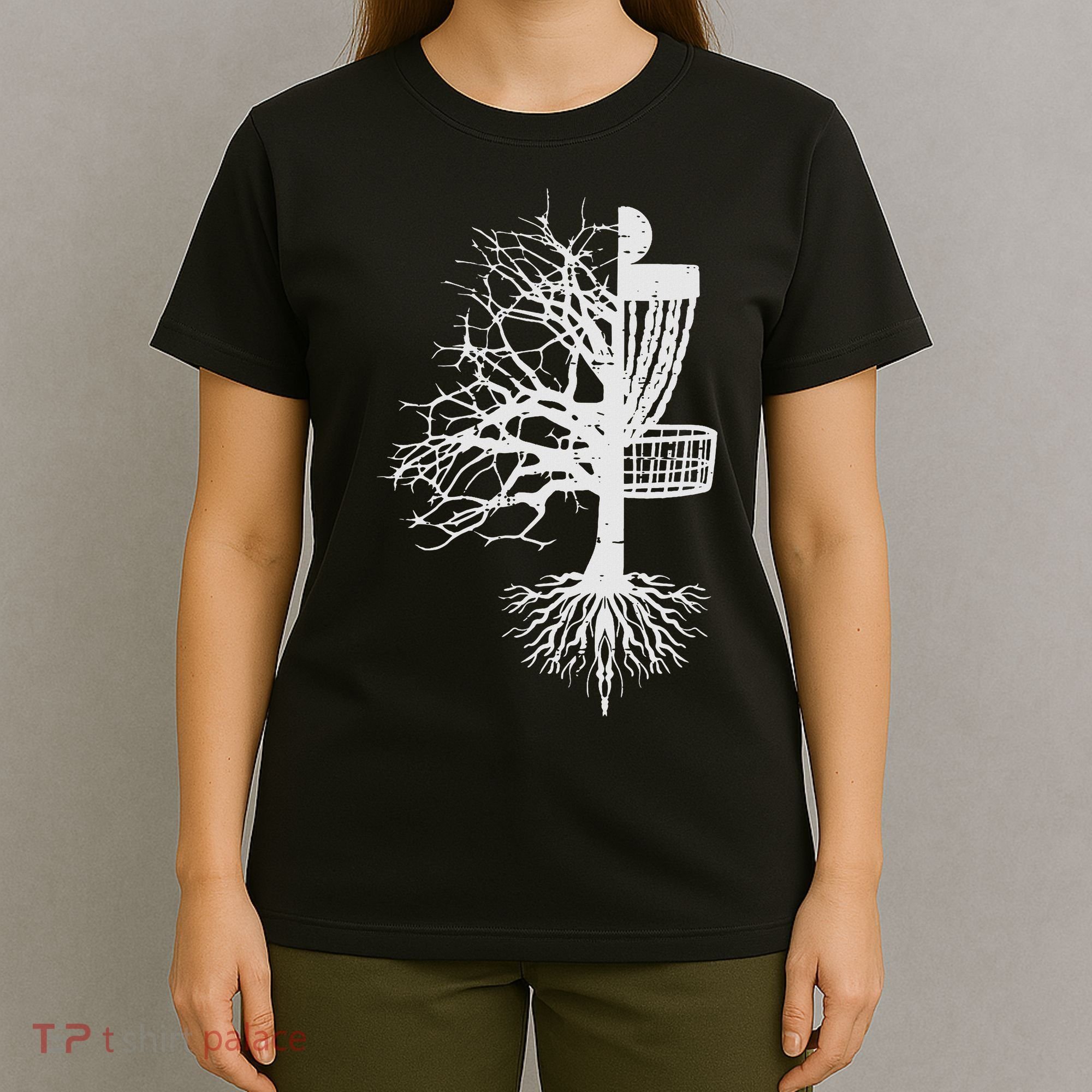 Half Disc Golf Basket Tree Funny Frisbee Frolf Women T-Shirt
