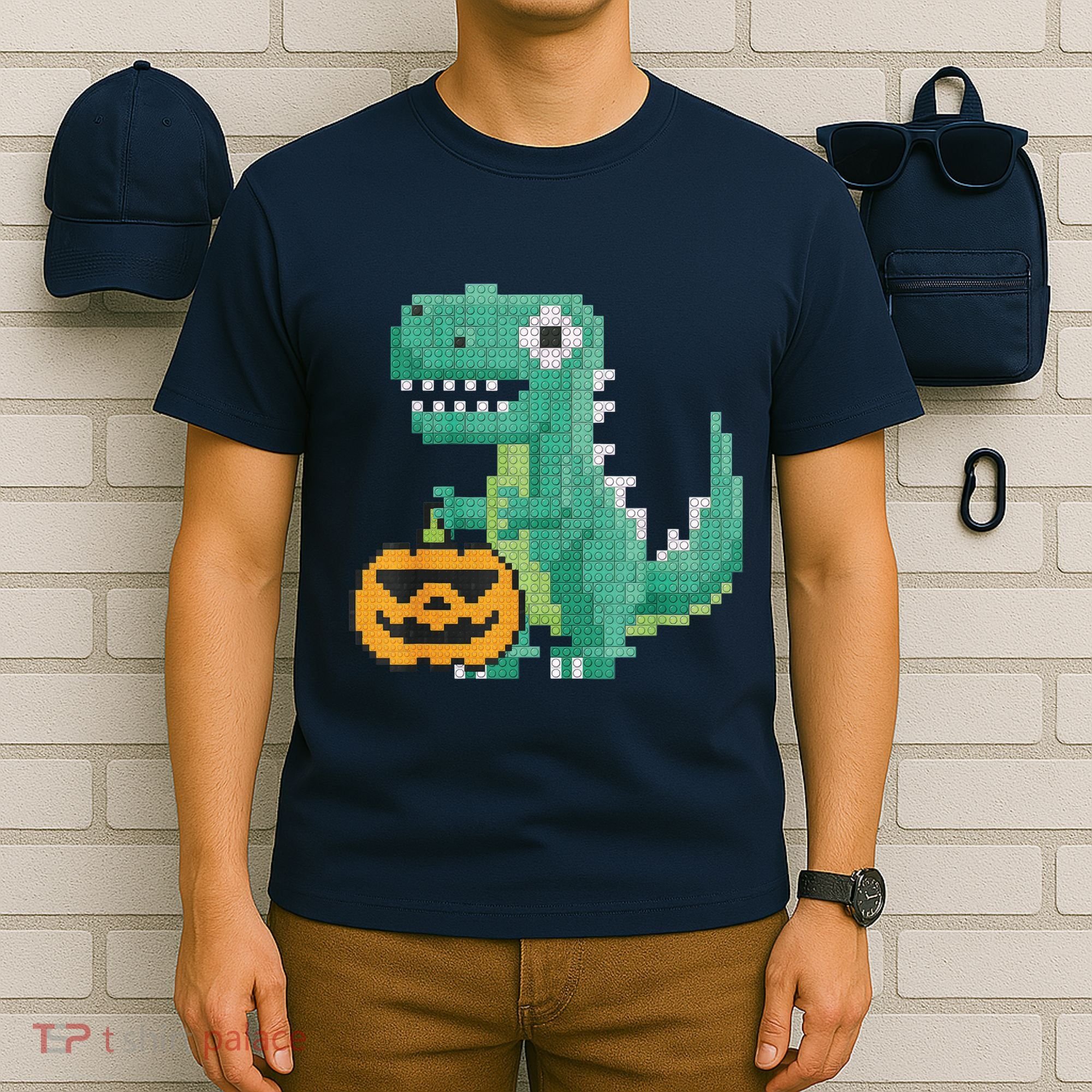 Halloween Dinosaur Kids Master Builder Building Blocks Brick T-Shirt