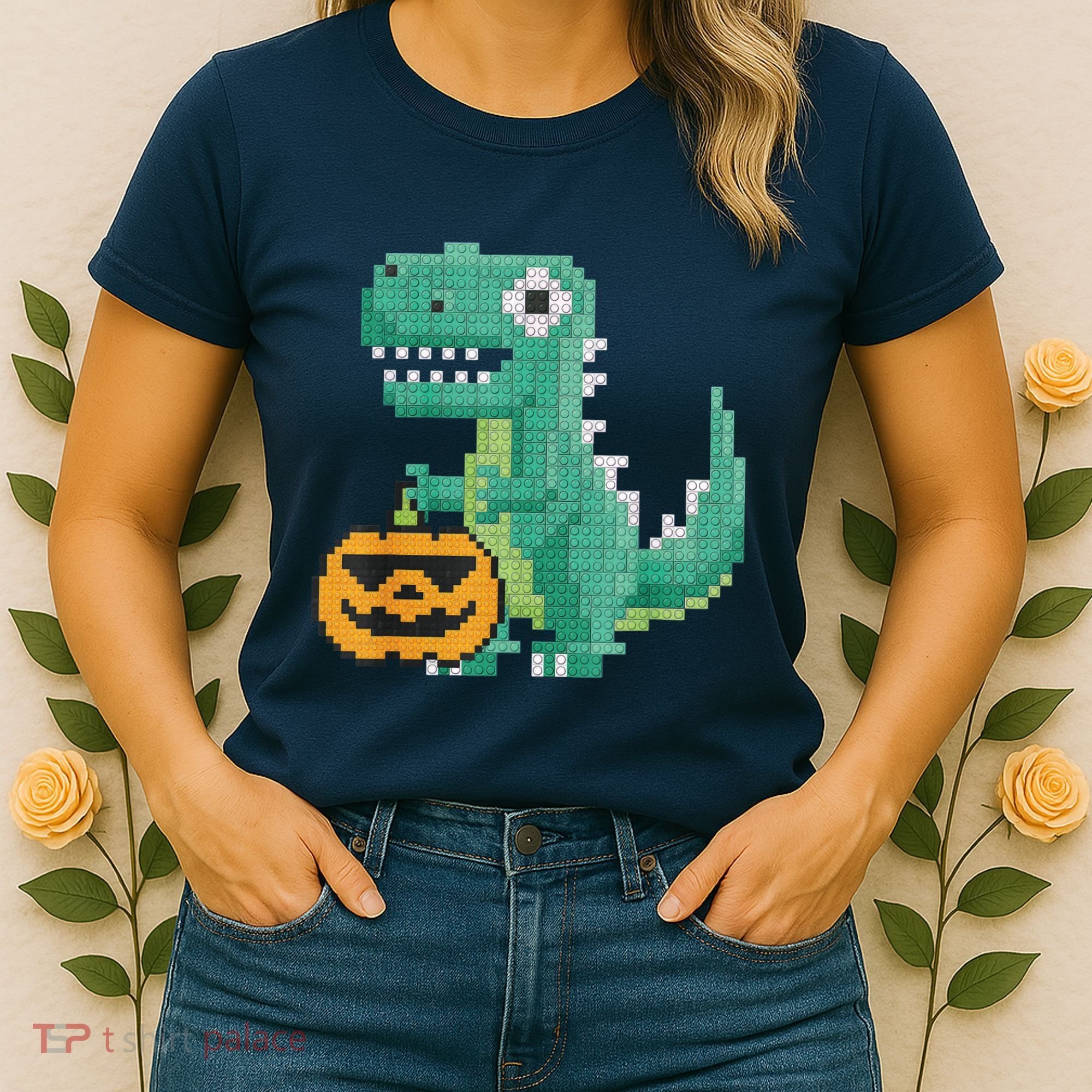 Halloween Dinosaur Kids Master Builder Building Blocks Brick Women's T-Shirt