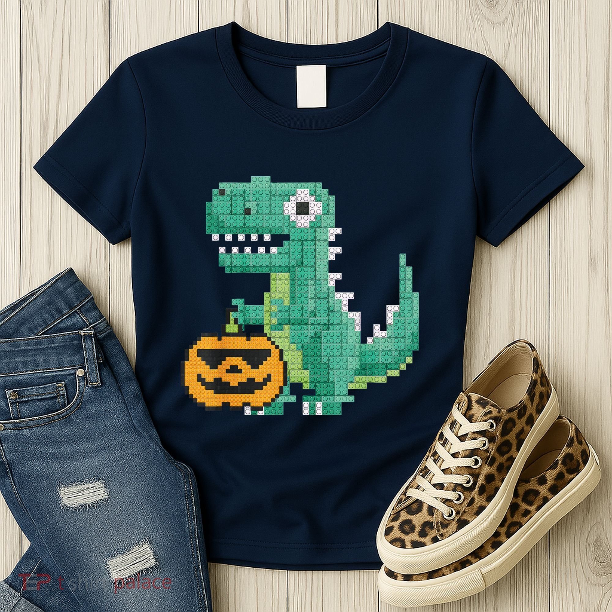 Halloween Dinosaur Kids Master Builder Building Blocks Brick Women's T-Shirt