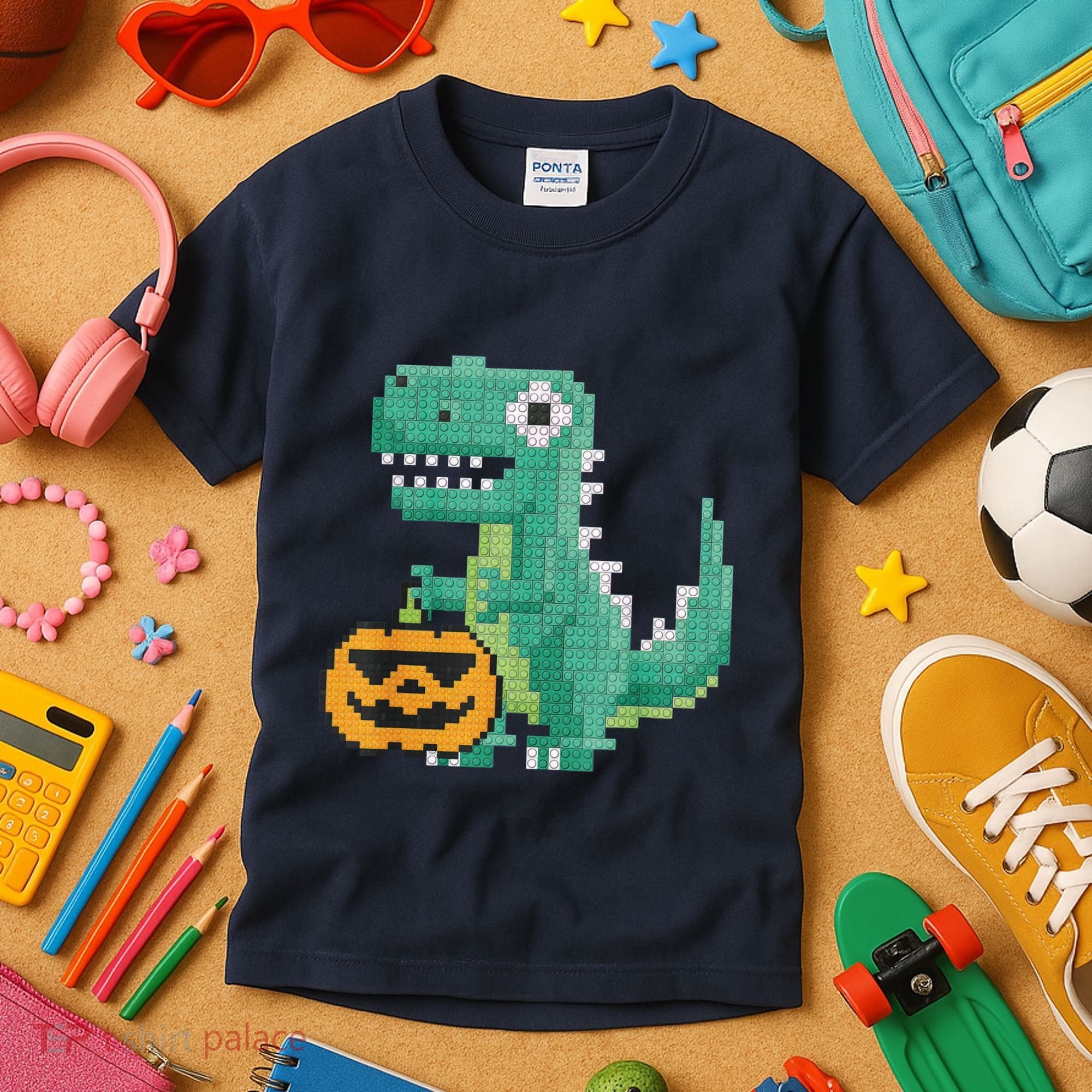 Halloween Dinosaur Kids Master Builder Building Blocks Brick Kids T-Shirt