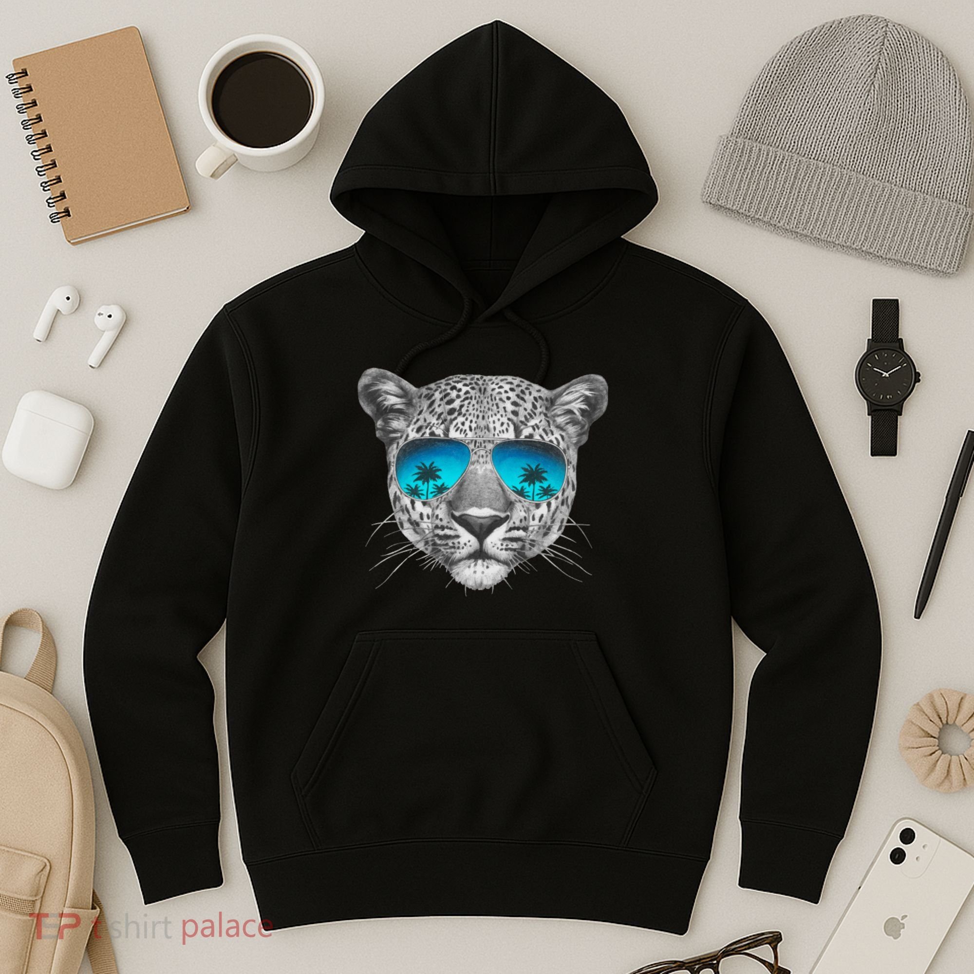 Hand Drawn Leopard Portrait Mirror Sunglasses Hoodie