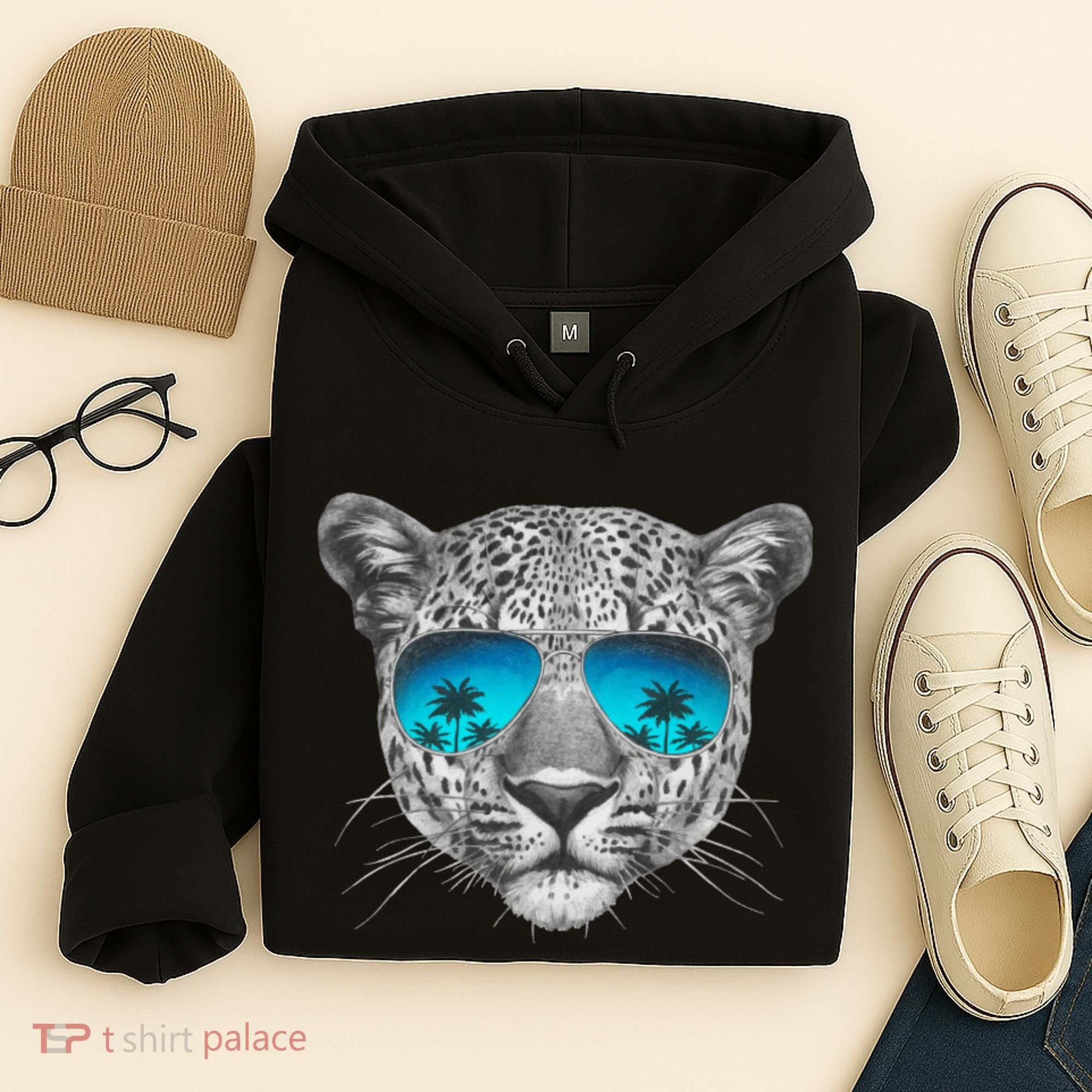 Hand Drawn Leopard Portrait Mirror Sunglasses Hoodie