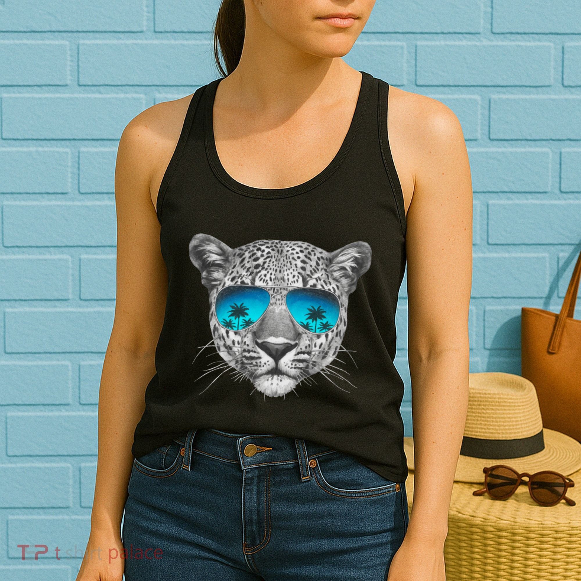 Hand Drawn Leopard Portrait Mirror Sunglasses Women's Tank Top