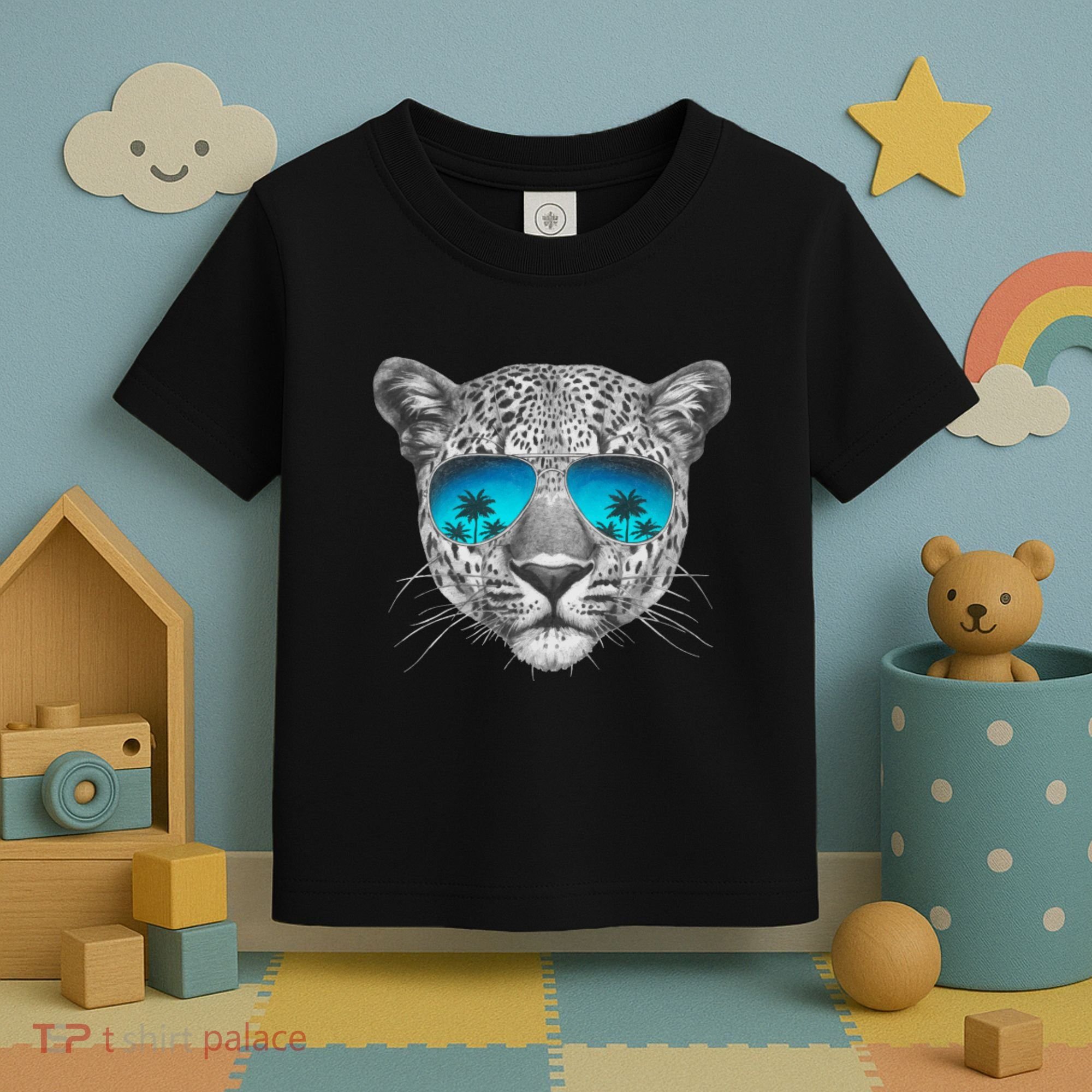Hand Drawn Leopard Portrait Mirror Sunglasses Toddler T-Shirt
