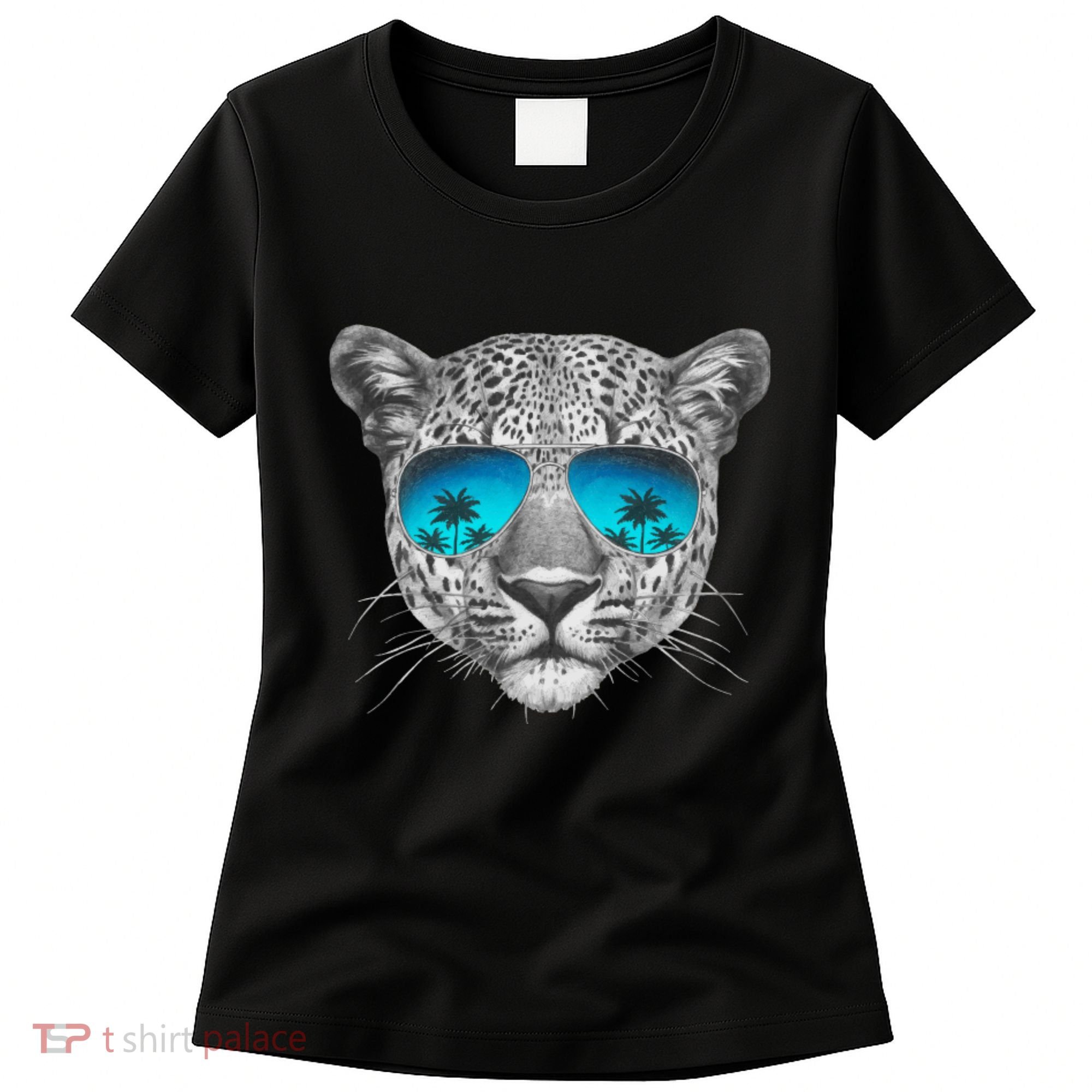 Hand Drawn Leopard Portrait Mirror Sunglasses Women's T-Shirt