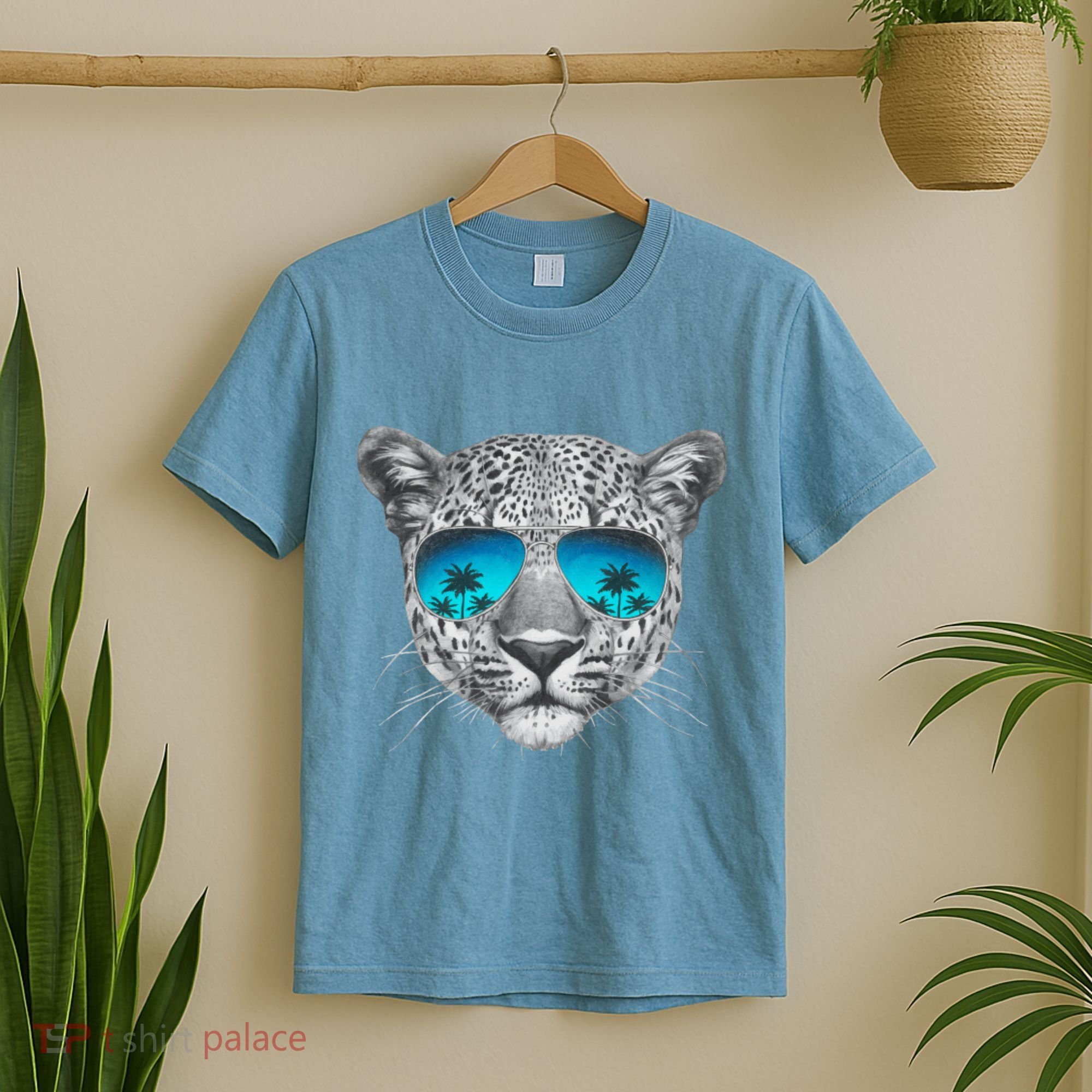 Hand Drawn Leopard Portrait Mirror Sunglasses T-Shirt