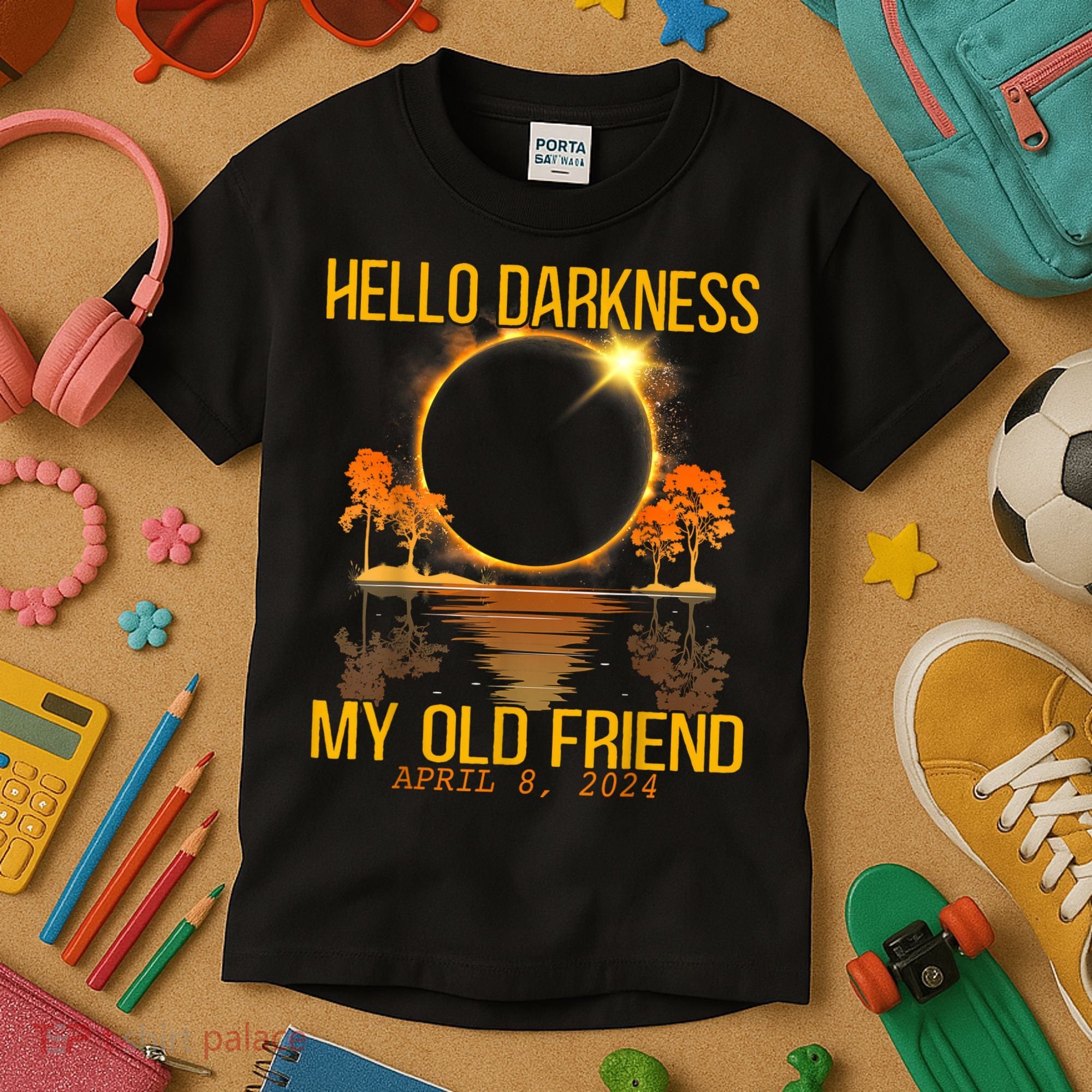 Hello Darkness My Old Friend Solar Eclipse April 08 2024 Kids T-Shirt