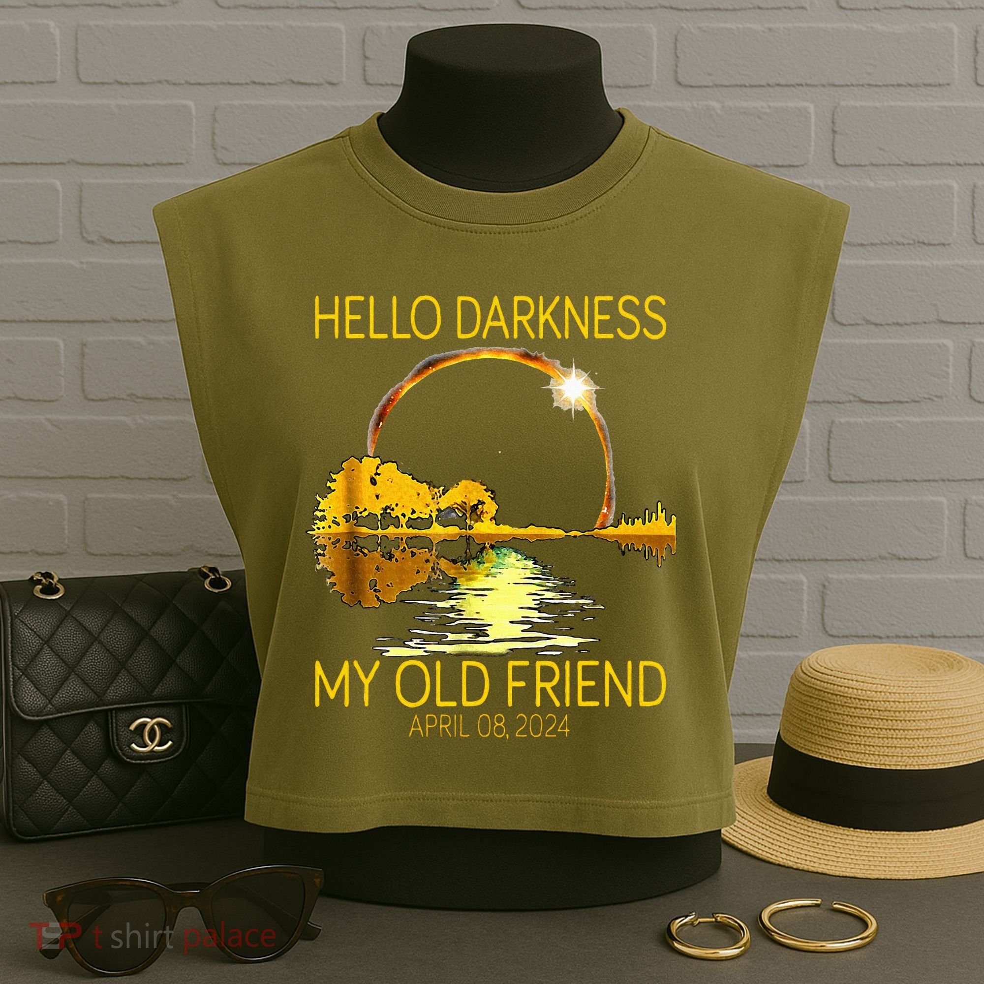 Hello Darkness My Old Friend Funny 2024 Solar Eclipse 4.8.24 Garment-Dyed Women's Muscle Tee