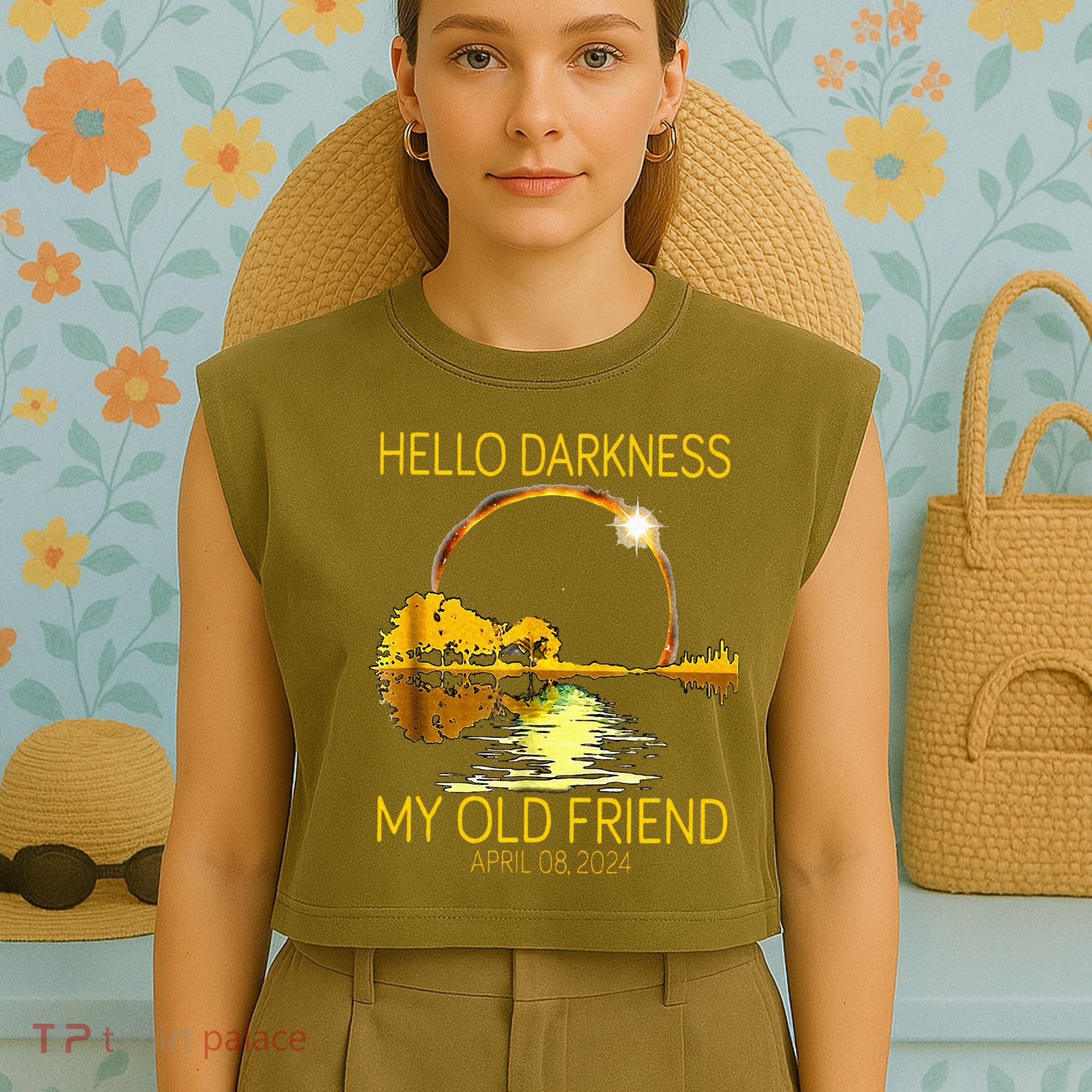 Hello Darkness My Old Friend Funny 2024 Solar Eclipse 4.8.24 Garment-Dyed Women's Muscle Tee