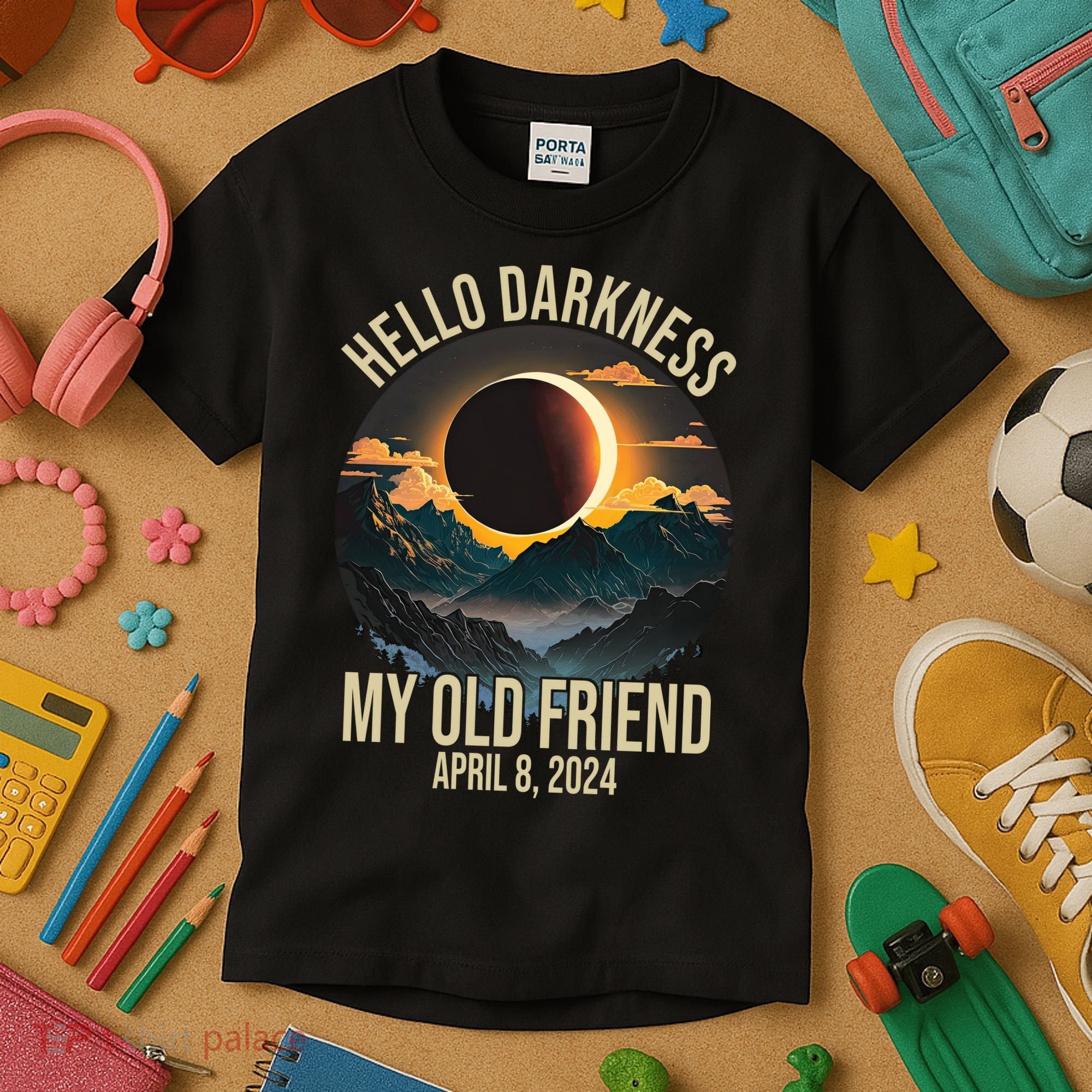 Hello Darkness My Old Friend Solar Eclipse April 08 2024 Kids T-Shirt
