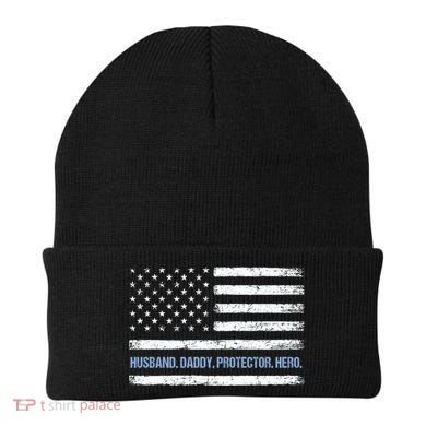 Husband Daddy Protector Hero Fathers Day American Flag Dad Cool Gift Beanie