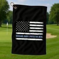 Husband Daddy Protector Hero Fathers Day American Flag Dad Cool Gift Golf Towel thumb 1