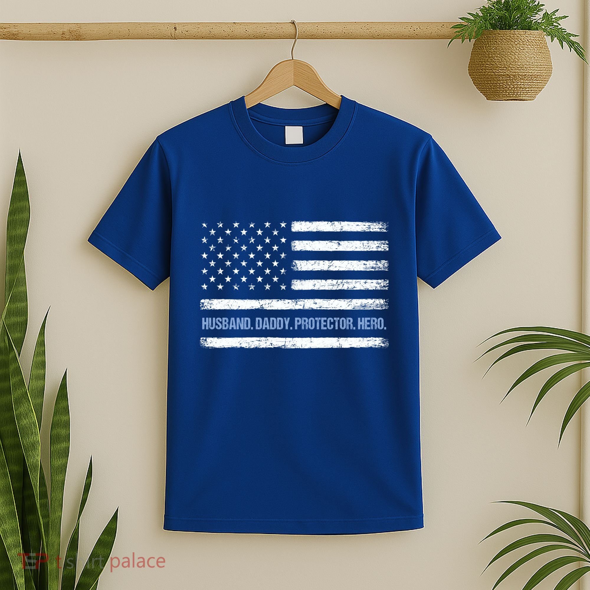 Husband Daddy Protector Hero Fathers Day American Flag Dad Cool Gift T-Shirt