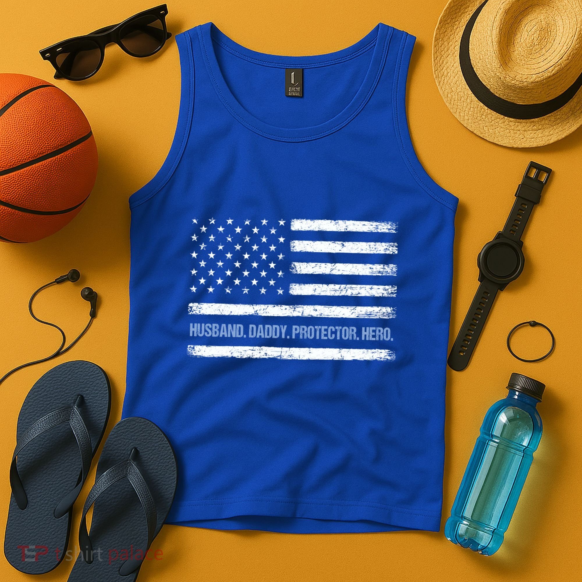 Husband Daddy Protector Hero Fathers Day American Flag Dad Cool Gift Tank Top