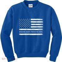 Husband Daddy Protector Hero Fathers Day American Flag Dad Cool Gift Kids Sweatshirt thumb 0