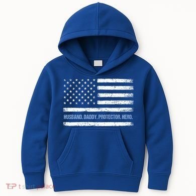 Husband Daddy Protector Hero Fathers Day American Flag Dad Cool Gift Kids Hoodie