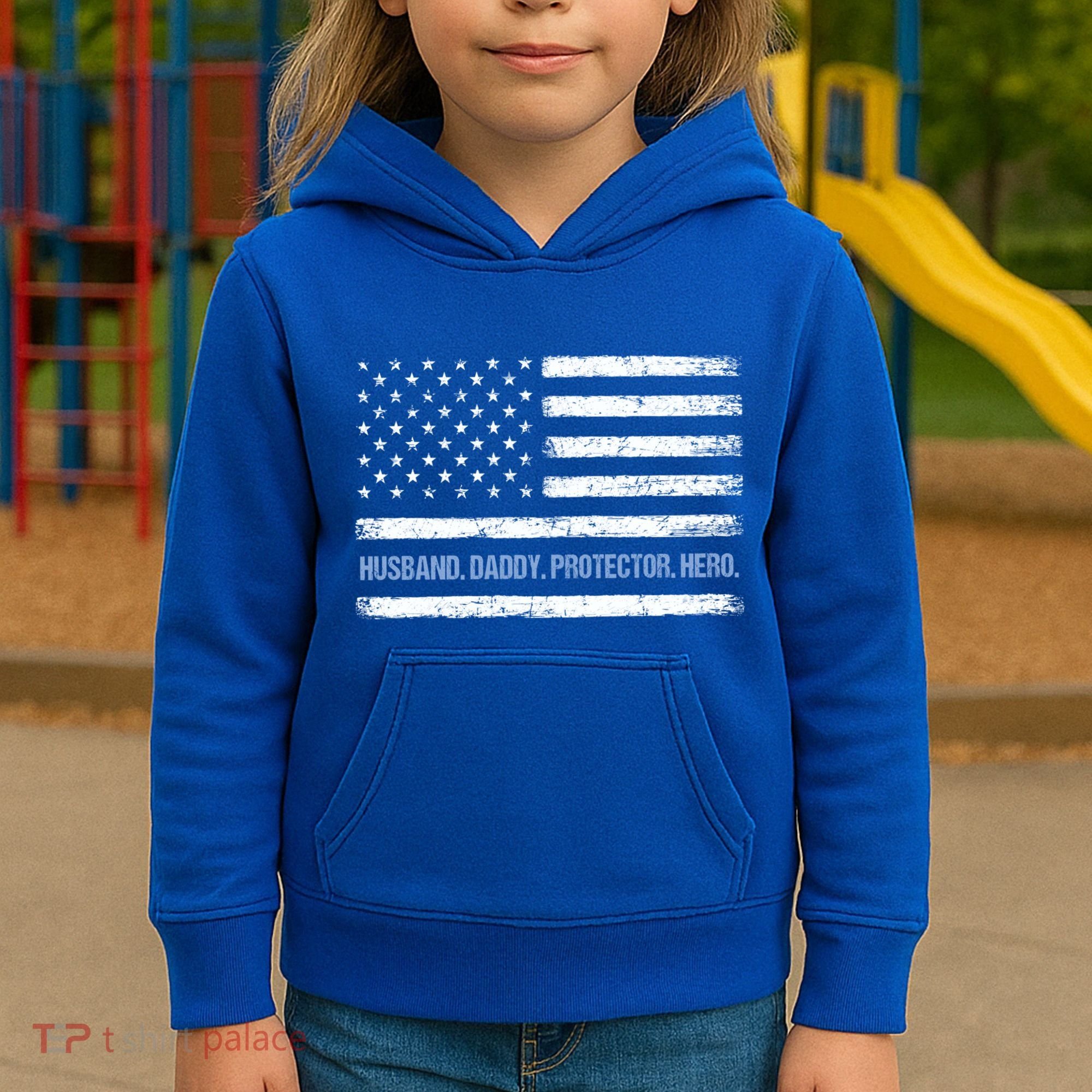Husband Daddy Protector Hero Fathers Day American Flag Dad Cool Gift Kids Hoodie