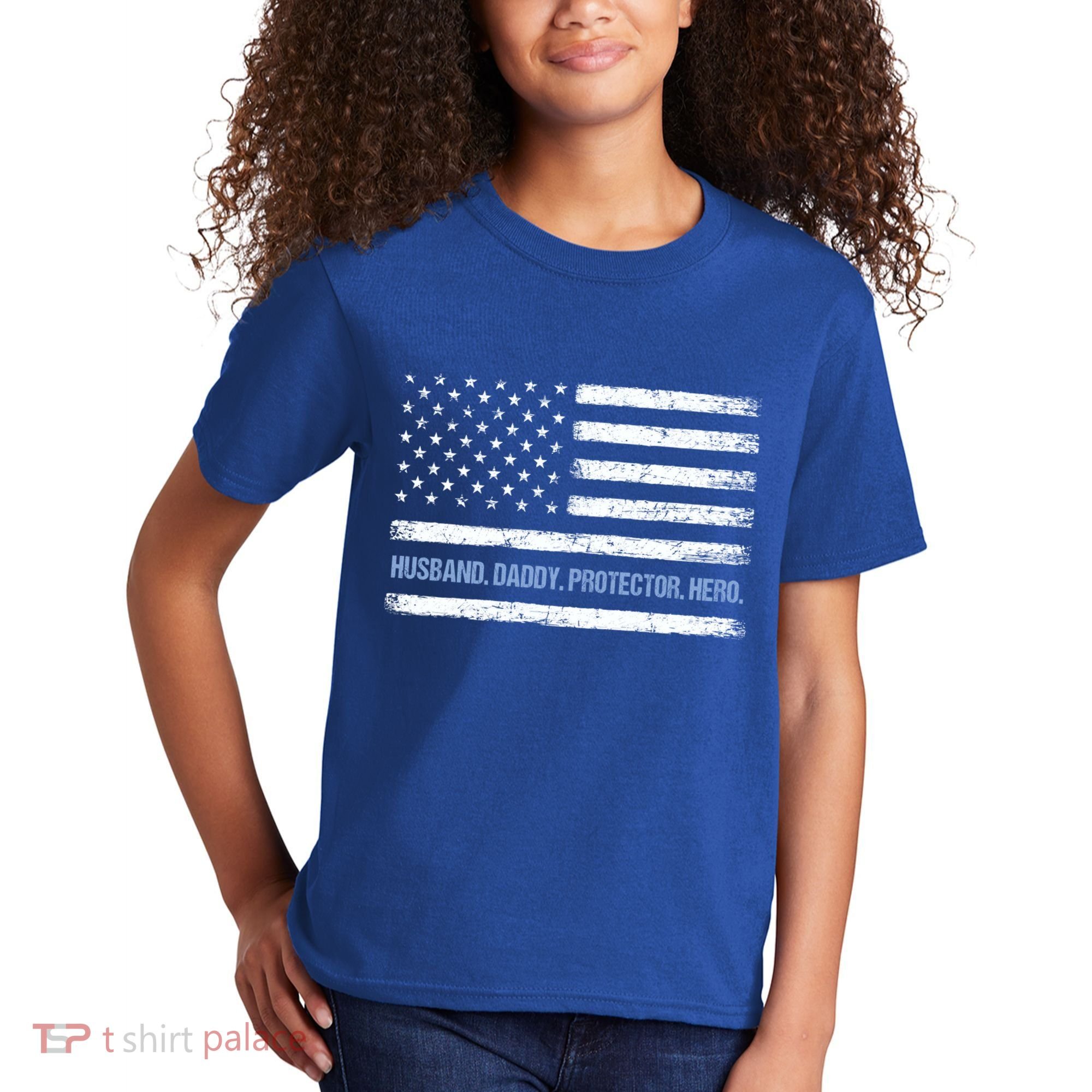 Husband Daddy Protector Hero Fathers Day American Flag Dad Cool Gift Kids T-Shirt